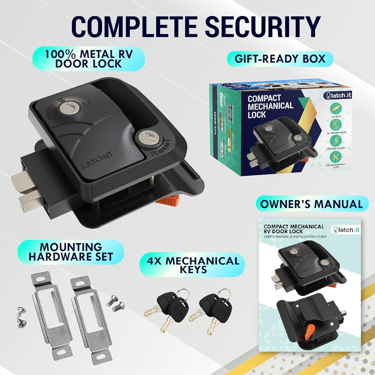 LATCH.IT Rv Door Lock Black | Camper Door Lock fits 2.75" x 3.75" Hole | 2 Keys Included RV Door Latch | All Metal Enclosed Trailer Door Latch | Camper Door Latch for Trailers, Fifth Wheels & More