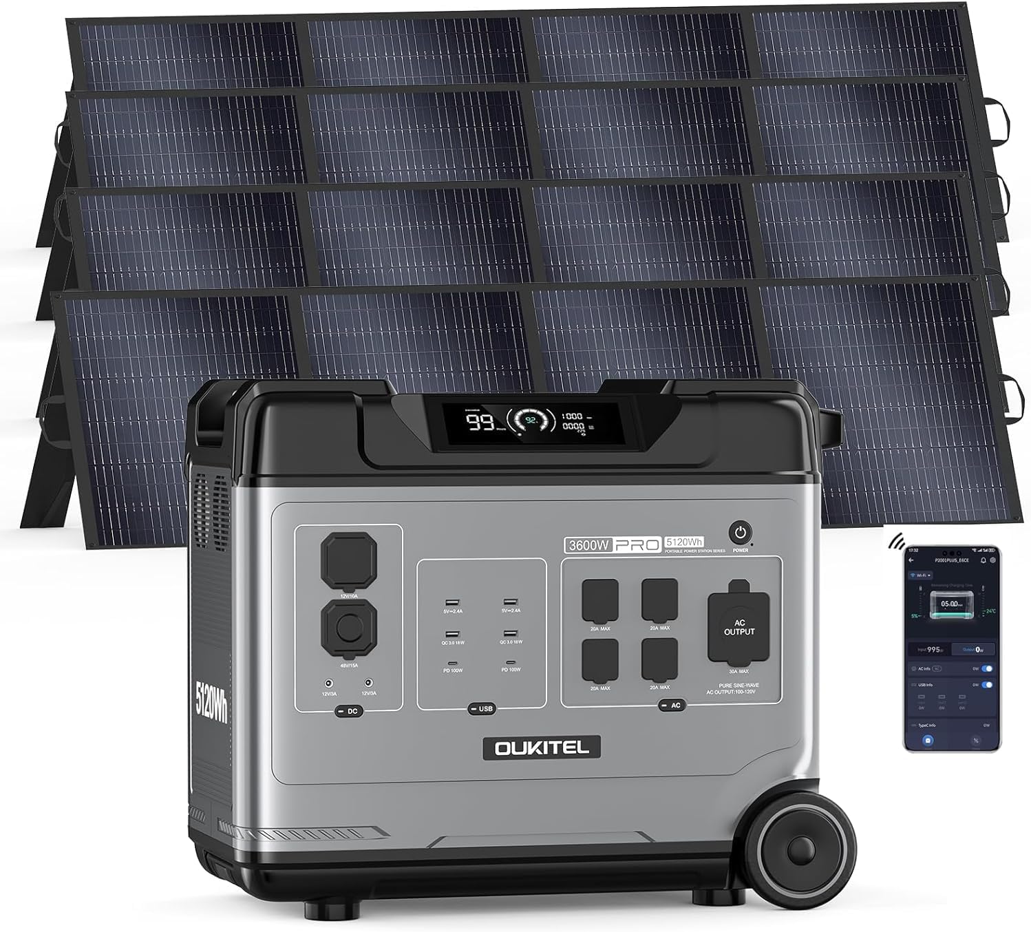 OUKITEL 5120Wh Portable Power Station with 4x200W Solar Panel (2025 NEW), P5000 Pro Solar Generator Large Capacity, 5*AC Outlets (6000W Peak), 1800W Fast Charging, Battery Power Station for Home Use