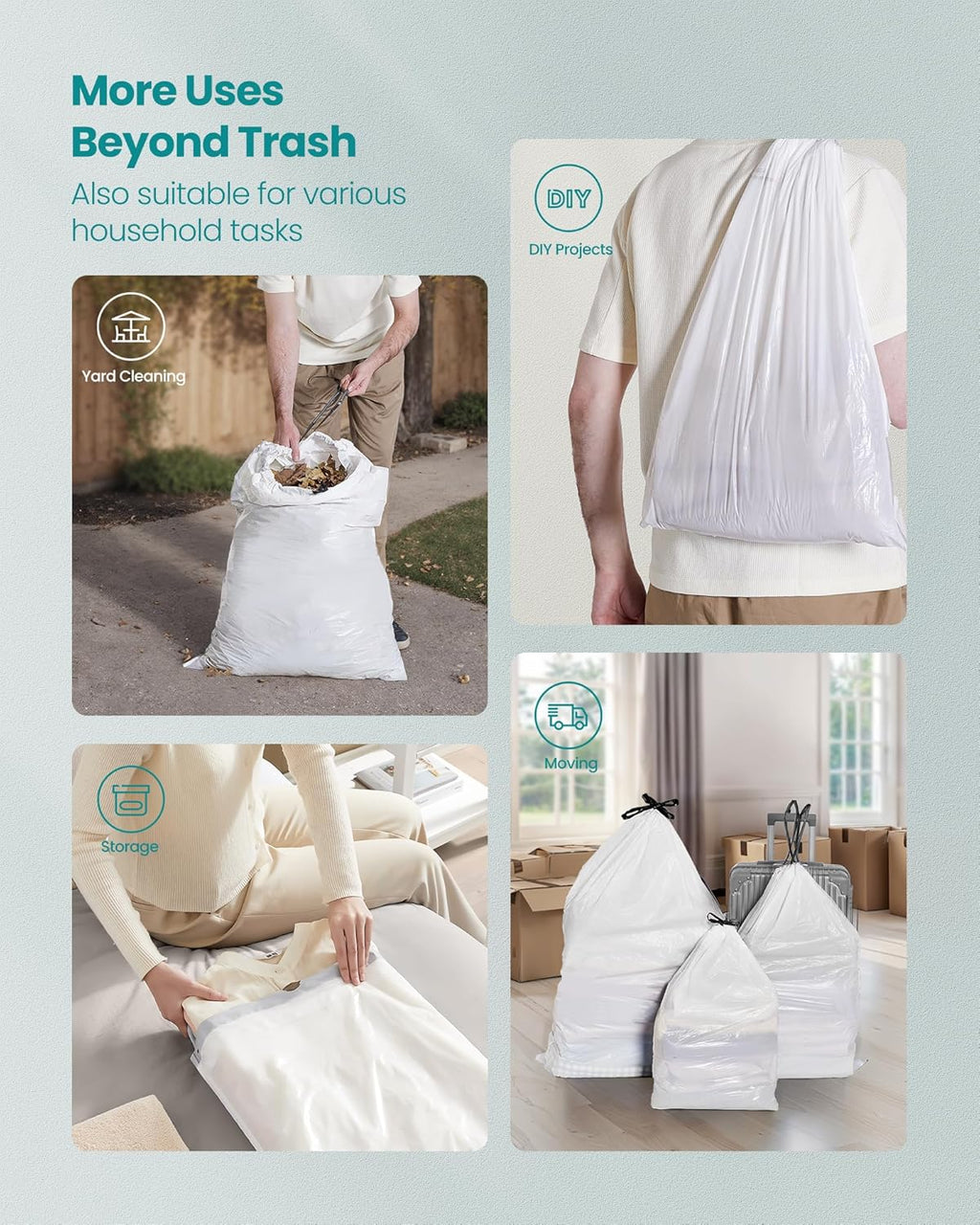 SONGMICS Trash Bags for 8-Gallon (30 L) Trash Cans, Drawstring Kitchen Garbage Bags, Pre-Separated, Quick-Dispense Box, Liner Code H, 2 Rolls, 80 Count, White UKRB031A02