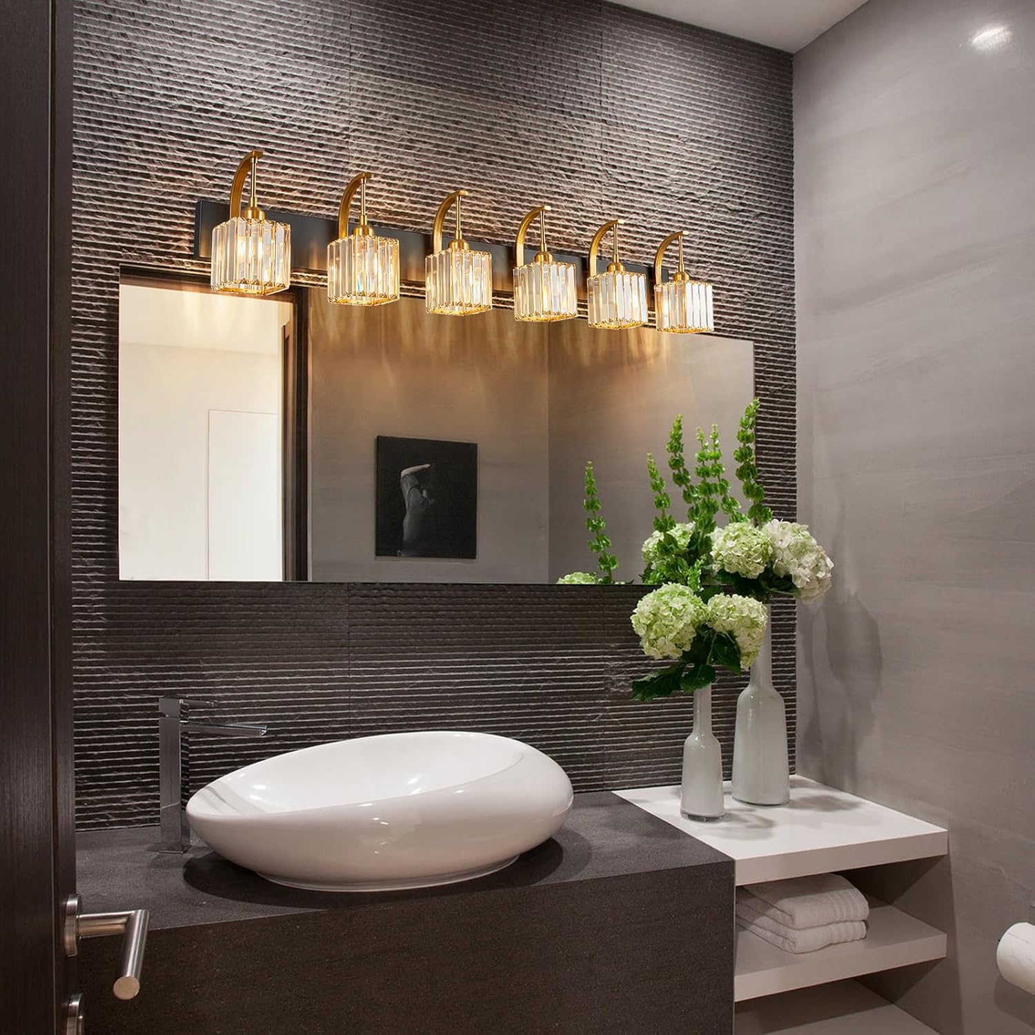 Crystal Vanity Lights 6-Light Black Gold Bathroom Vanity Lights Modern Crystal Bathroom Light Fixtures Over Mirror 51.18" Long Vanity Light for Bathroom