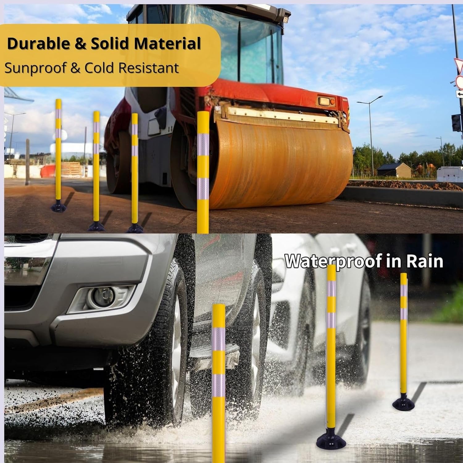 BESEA 8 Pack 36 Inch Traffic Delineator Posts with Reflective Collars Yellow Road Cones,Yellow Durable Flexible Safety Cones for Construction, Parking Lot, and Roadway Use