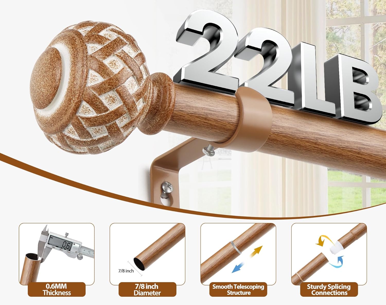TONIAL Wood Curtain Rod 32 to 58 Inches, 7/8 Adjustable Curtain Rods for Windows 20 to 54 Inches, Splicing Drapery Rods Decorative with Netted Texture Finials