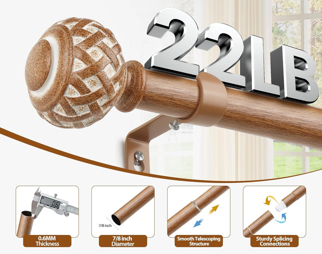 TONIAL Wood Curtain Rod 32 to 120 Inches, 7/8 Adjustable Curtain Rods for Windows 20 to 116 Inches, Splicing Drapery Rods Decorative with Netted Texture Finials