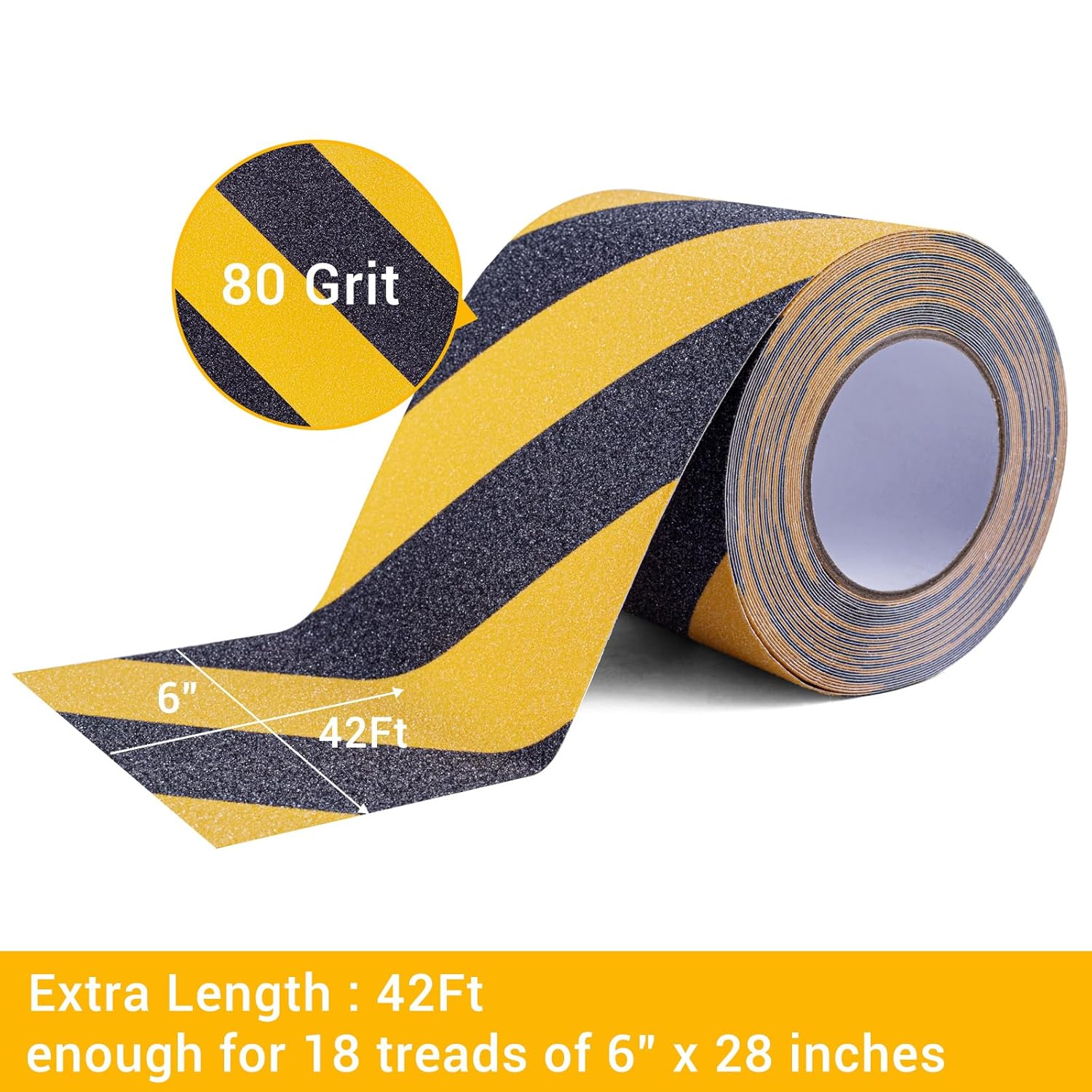Anti Slip Tape, 6 Inch x 42 Ft Grip Tape for Stairs Outdoor/Indoor, Waterproof Non Skid Roll for Stair Treads Non Slip, High Traction Friction Abrasive Adhesive Stair Steps, Caution Yellow/Black