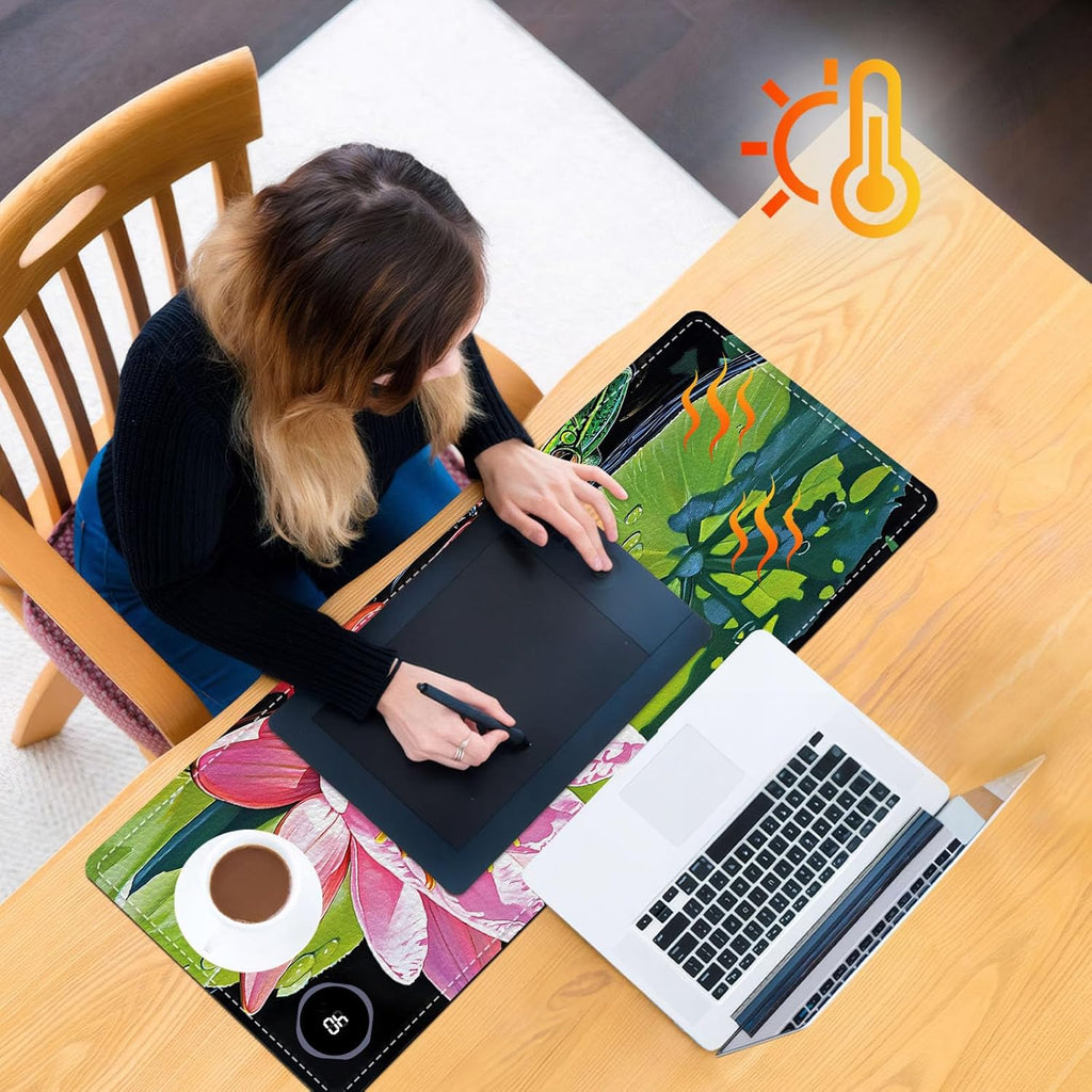 Heated Mouse Pad, Warm Desk Pad, Keyboard Mat 31.5 x 13 Inch Large Size Intelligent Fast Heating, 3 Speed Adjustable, Timed Auto Power Off for Game Office Home,Lotus Flower