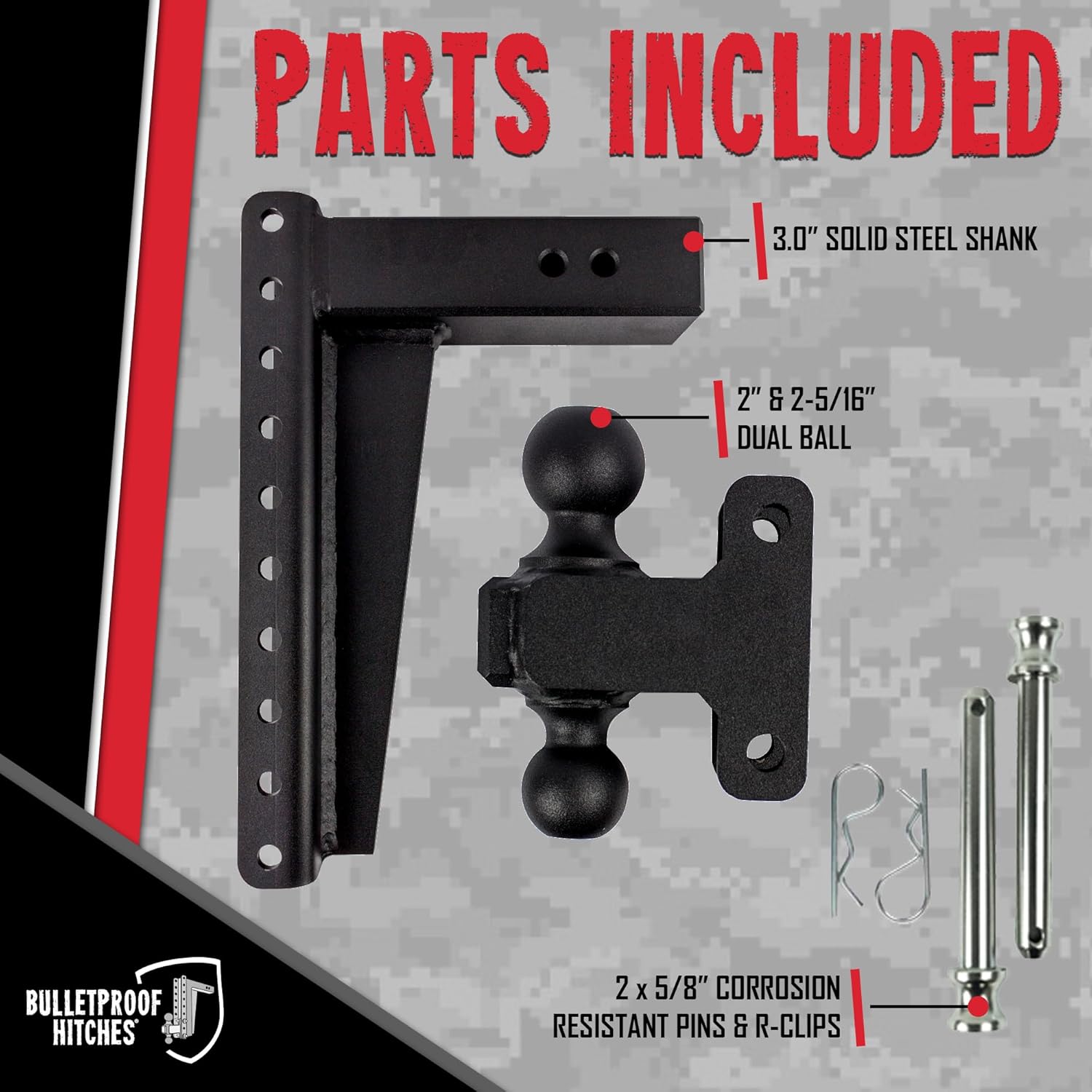 BulletProof Hitches - 3.0" Adjustable Heavy Duty Trailer Hitch (22,000 lb. Rating) - 14" Drop/Rise Trailer Hitch with 2" & 2-5/16" Dual Ball - Powder Coat, Solid Steel, Corrosion-Resistant