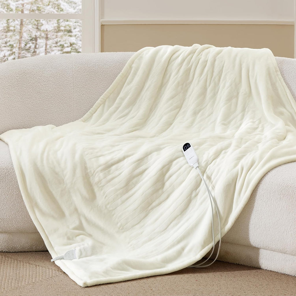 Bedsure Heated Blanket Throw Blanket - Fast Heating Electric Blanket, Soft Flannel Heated Throw with 4 Time Settings, 6 Heating Settings, Warm Gifts for Grandma (50x60 inches, Ivory)