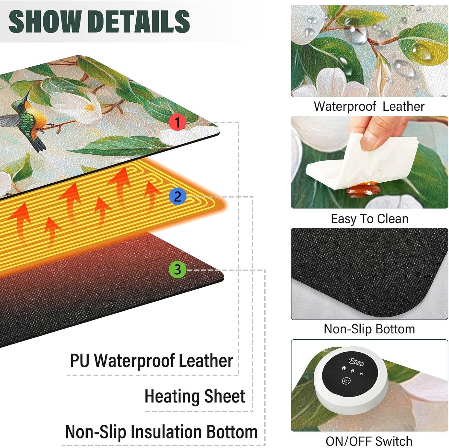 Heated Desk Pad Mouse Pad 31.5x13 Inch PU Leather Desk Mat with 3 Heat Levels Large Mouse Gaming Computer Laptop Mat Jasmine Flowers Green Leaves and Hummingbird