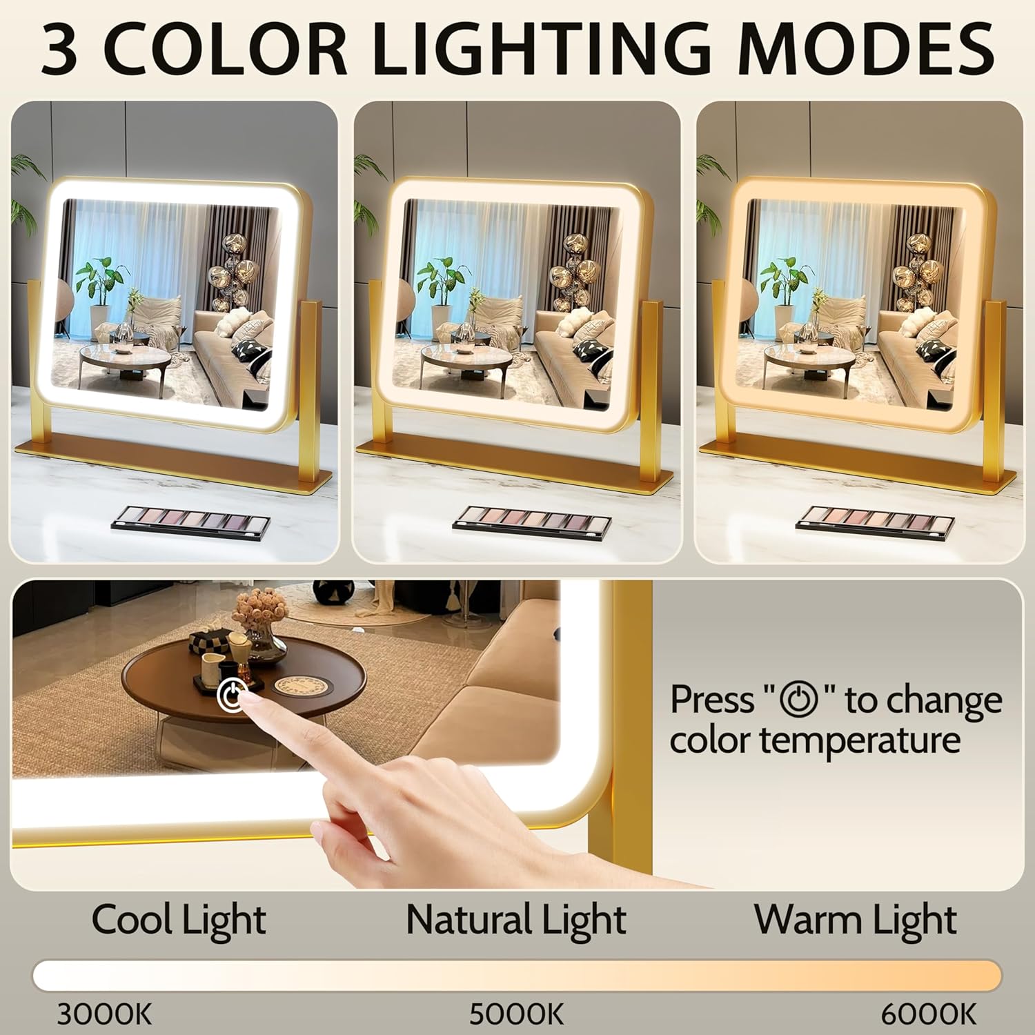 ROLOVE Gold Lighted Makeup Mirror, 14"x12" Vanity Mirror with Smart Touch Control, 3-Color Dimmable Lighting, 360° Rotation for Desk or Bedroom