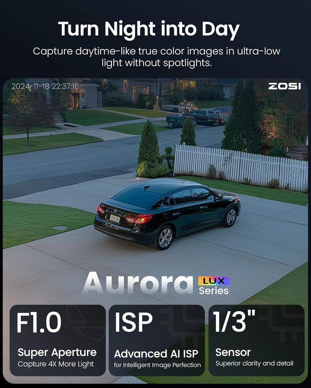 ZOSI C186 5MP 3K Aurora Lux True Color Night Vision PoE IP Security Camera, Smart Person/Vehicle Alerts for Outdoor Indoor Surveillance, Light & Siren Alarms, Two-Way Talk, with Our NVR or PoE Switch