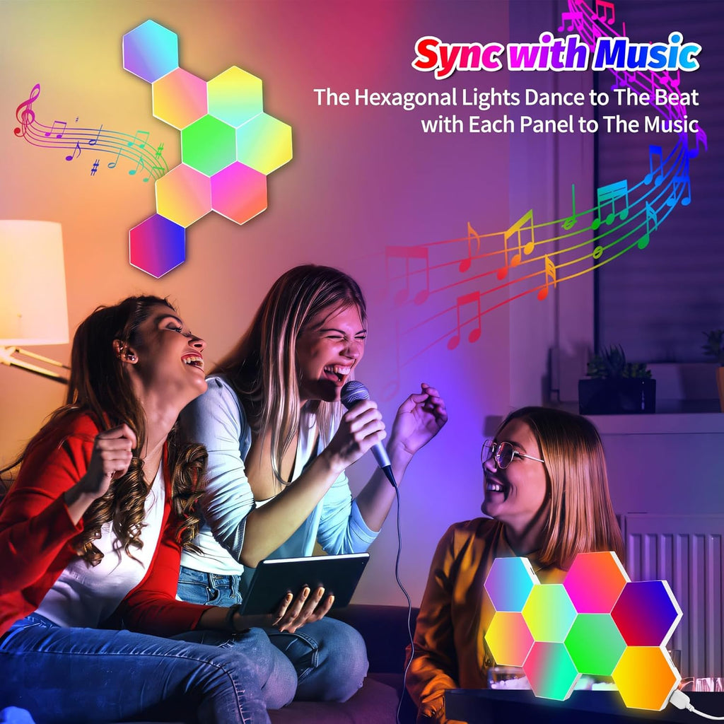 Hexagon LED Lights 8 Pack - RGB Wall Panels with Music Sync, Smart App & Remote Control, DIY Modular Hex Light for Gaming Room, Bedroom, Living Room, Wall Decor