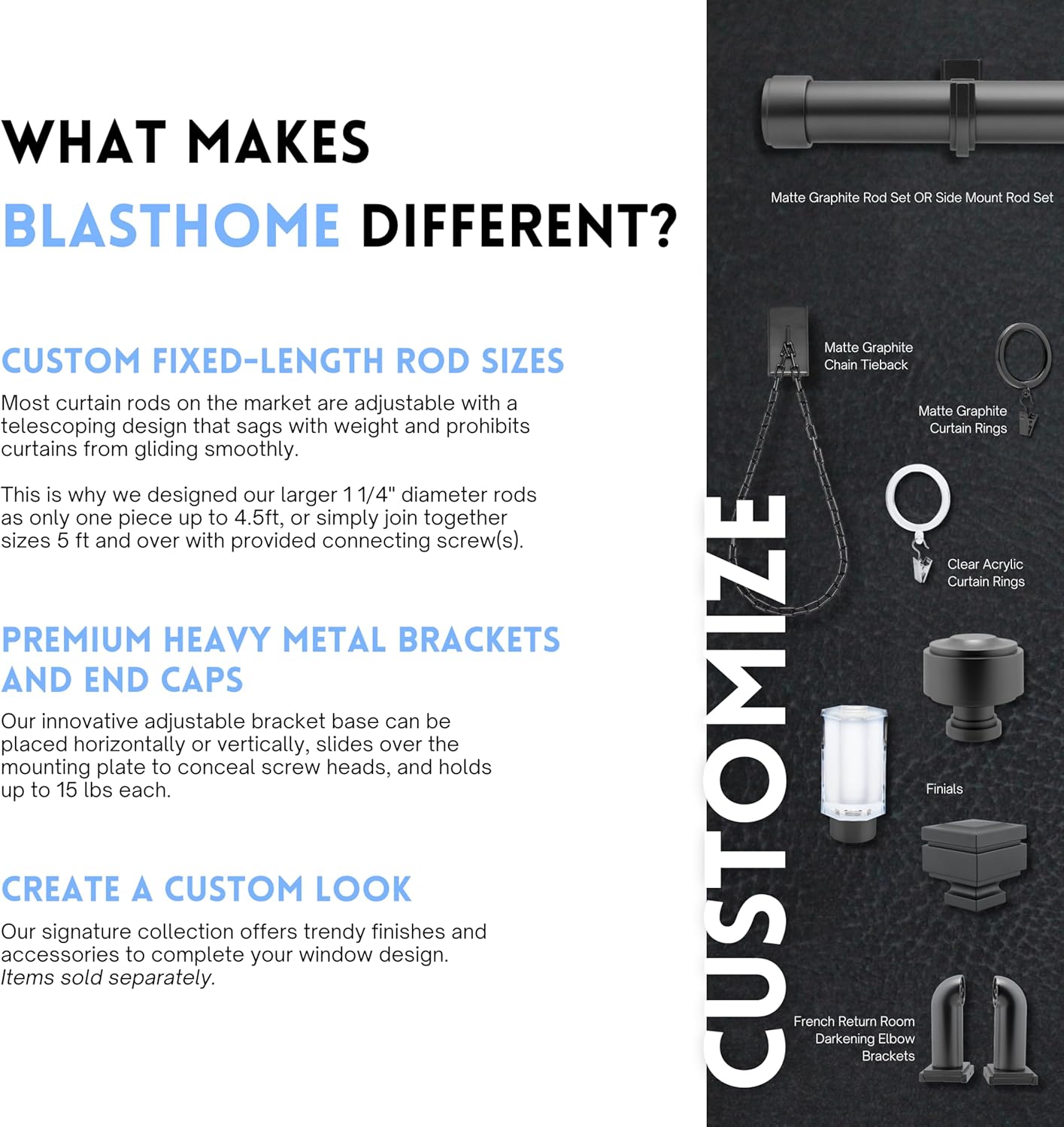 BlastHome® Non-Adjustable Luxury Curtain Rods for Windows, 1 ¼” Rod Set, 12 foot Fixed Length (Three Rods Connect for a Seamless Look), Matte Graphite