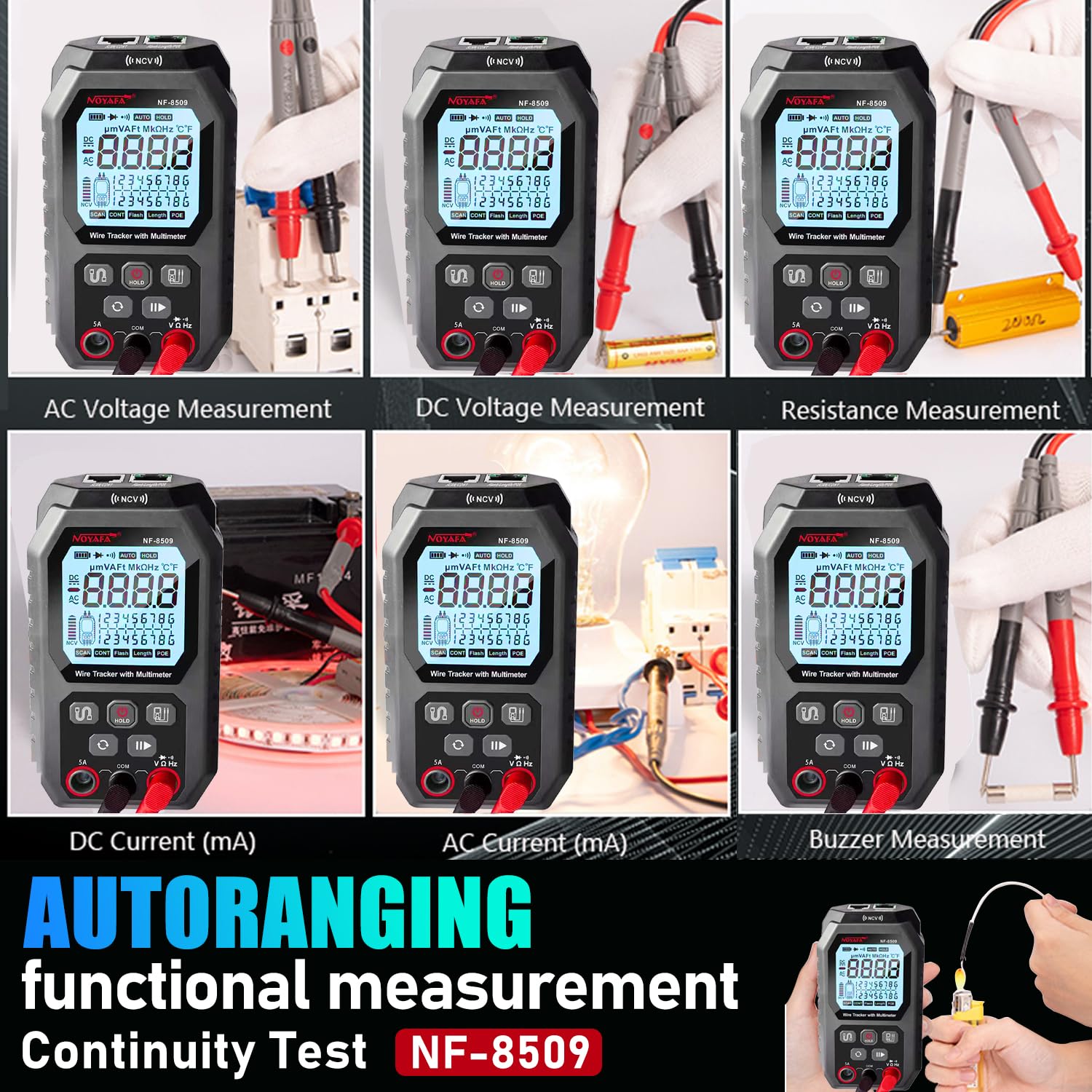 NF-8509 Network Cable Tester (with Multimeter Tester), POE/RJ45 RJ11 CAT5 CAT6 LAN/Ethernet Port Flashing, Anti-Interference TDR Network Tester/NCV Anti-Burnout AC DC Voltmeter Network Tool