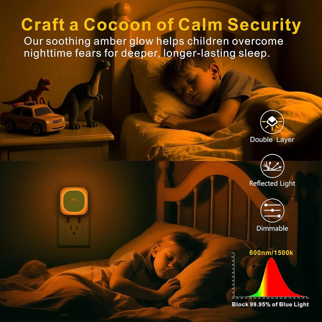 2 Pack Plug in Night Light with Motion Sensor & Dusk to Dawn Sensor, 3 Sensor Modes, Dimmable Night Lights Plug into Wall, Amber Nightlight for Sleep, Bathroom, Bedroom, Indoors, Kids