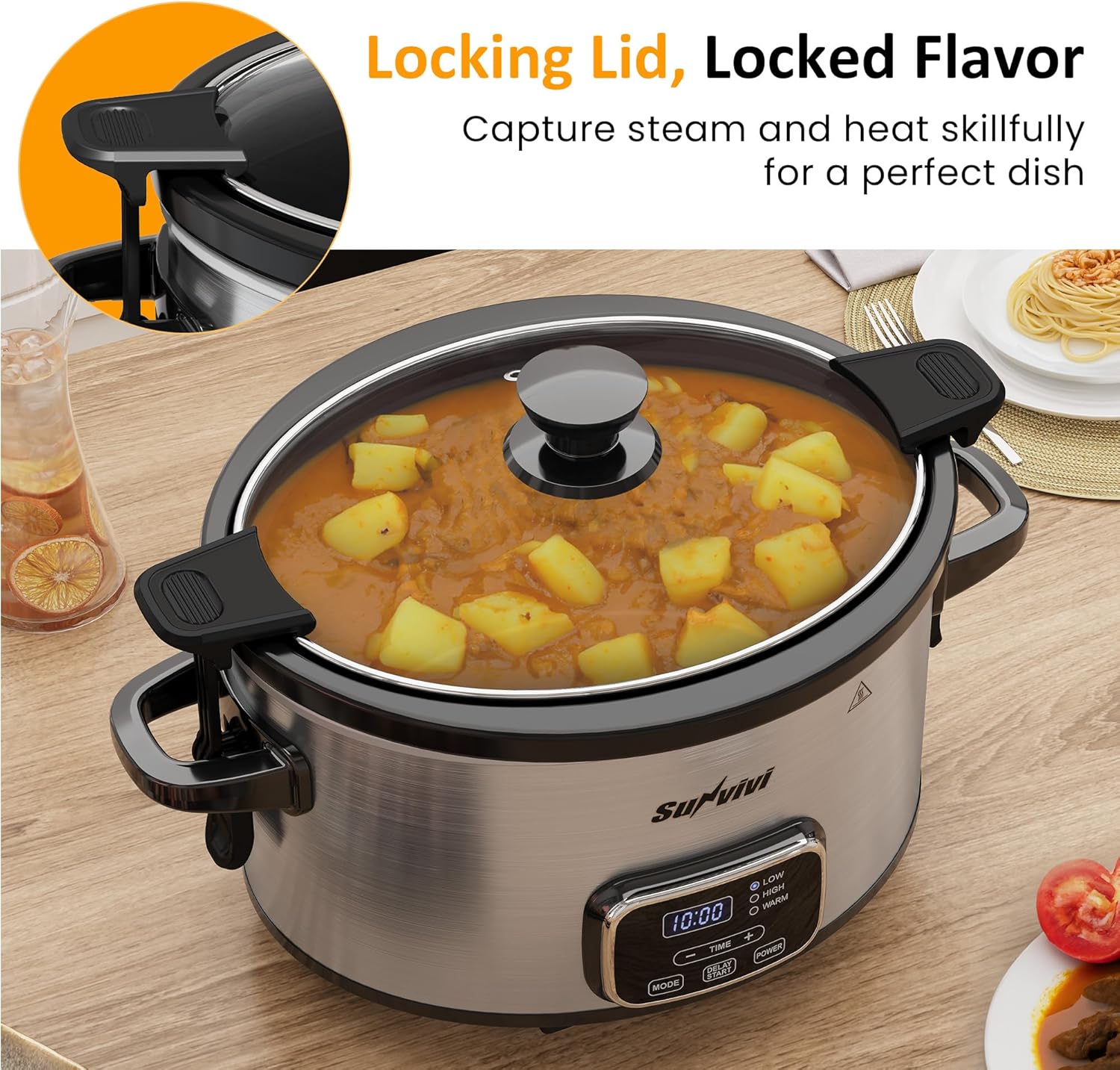 4QT Programmable Slow Cooker with Removable Ceramic Pot, Locking Lid, 3 Heating Settings & Timer, Dishwasher-Safe, Stainless Steel Silver