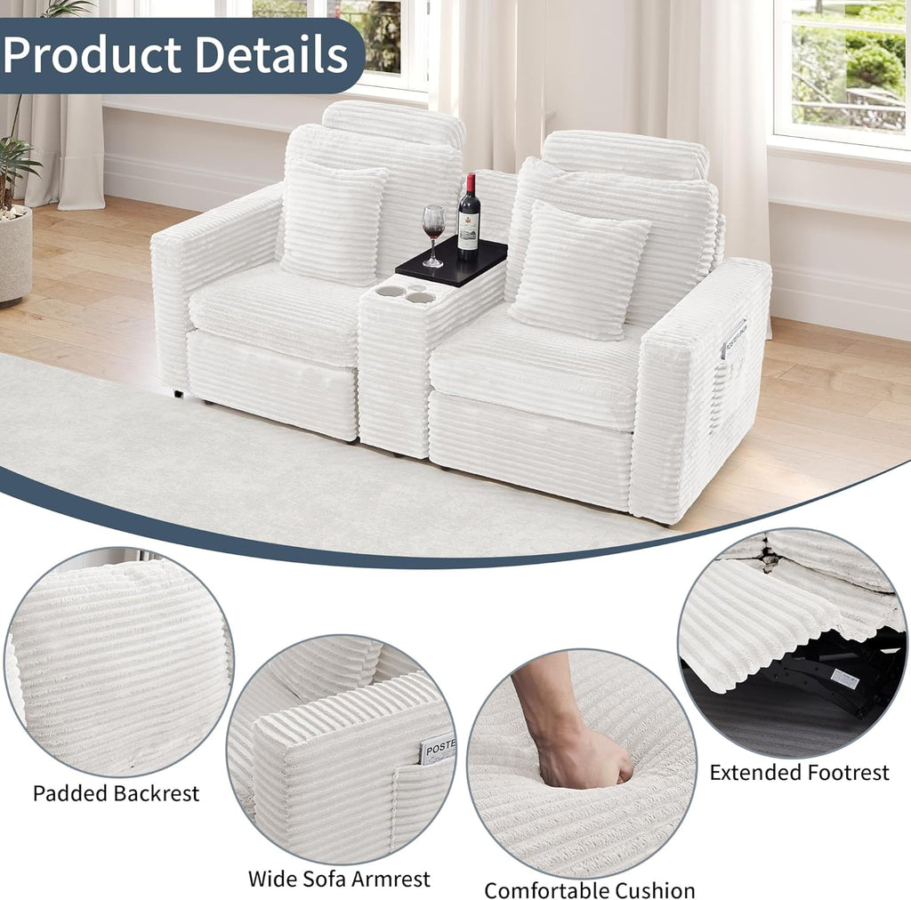 LEVNARY 2-Seater Modular Reclining Sofa with Center Console, Faux Rabbit Fur Power Recliner Loveseat with Cup Holders, USB Charging, Side Pockets & 2 Pillows, Living Room Furniture (White)