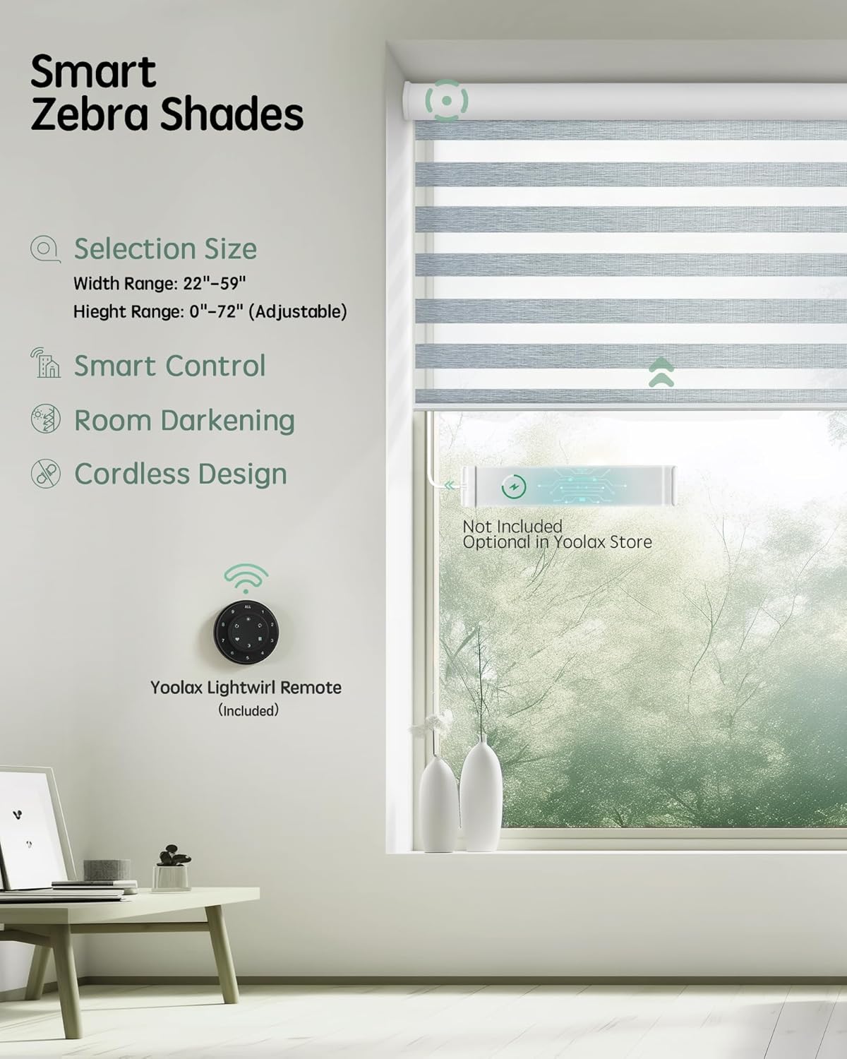 Yoolax Motorized Blinds with Remote, Electric Zebra Blinds for Indoor Windows, Room Darkening Smart Shades with Voice Control, Compatible with Alexa Google Home, APP Control, 26" W x 72" H, Grey