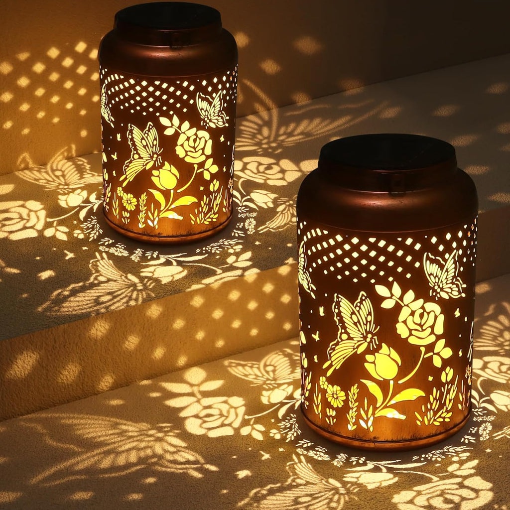 2 Pack Solar Lanterns Outdoor Waterproof, Butterfly Rose Garden Decor Birthday Gifts for Women Mom Grandma Hanging Solar Lights Metal Solar Decoration Outside for Yard, Patio, Lawn