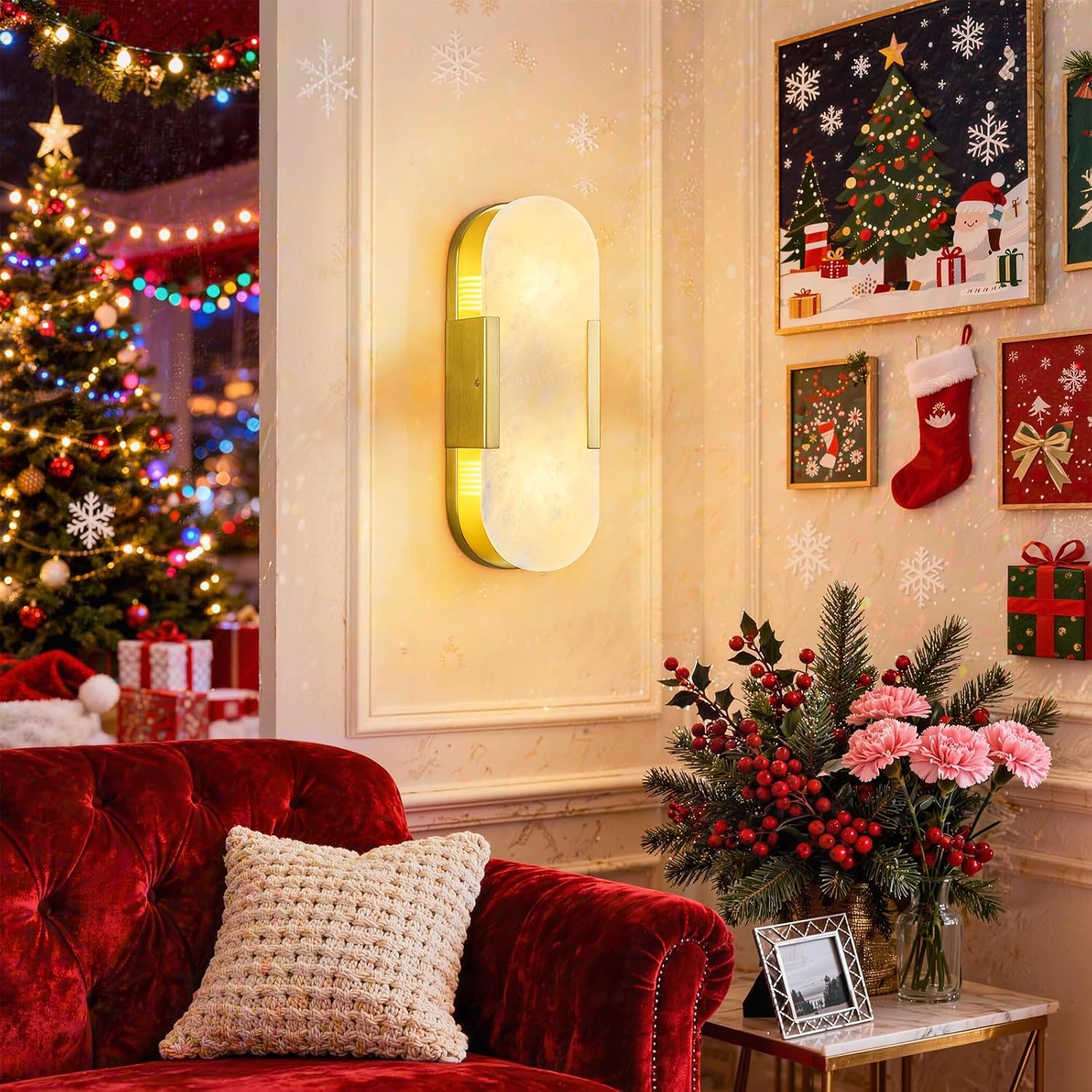 Brass Alabaster Wall Sconce, Modern Natural Marble Wall Sconces for Indoor Lighting, 13.8 in Gold Wall Lights for Bathroom Dining Room Stairs Bedroom (1-Pack)