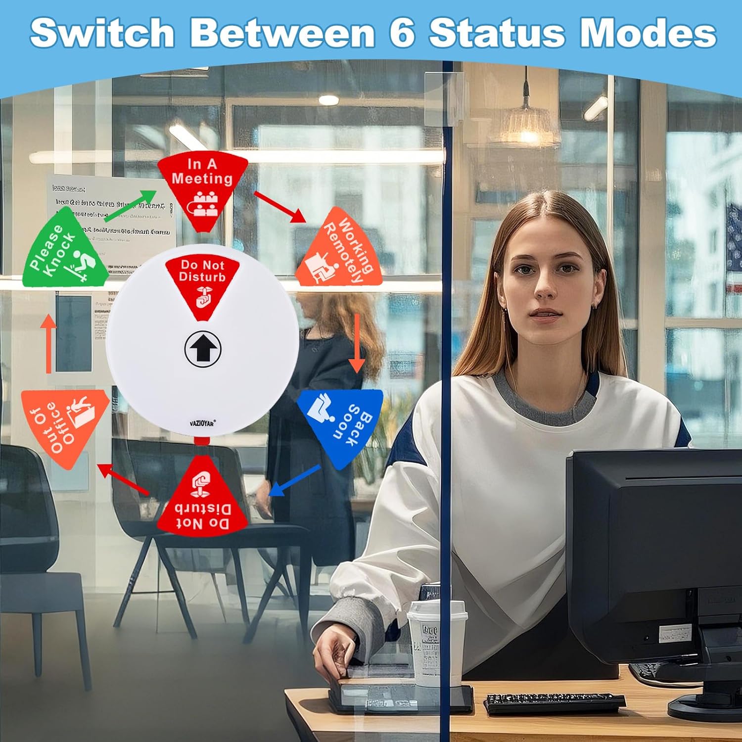 Rotating Office Door Sign with State Diagram - 6" Magnetic & Adhesive Privacy Sign with 6 Status Modes (In A Meeting/Working Remotely/Back Soon/Do Not Disturb/Out Of Office/Please Knock) (White, 6 inches)