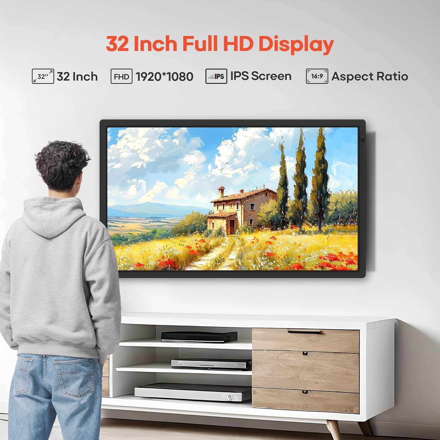 Frameo 32" Extra Large Digital Picture Frame WiFi 64GB, 1920 x 1080 FHD IPS Touch Screen Electronic Photo Frames, Wall Mounted, Auto-Rotate, Support USB and SD Card, Share Photos Videos Instantly