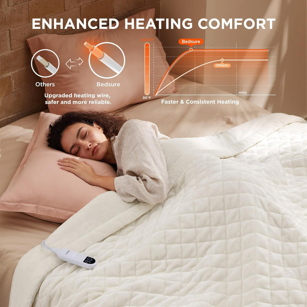 Bedsure Electric Blanket Twin - Quilted Heated Blanket Twin Size, Soft Flannel Thick Heating Blanket with 10 Time Settings & 6 Heat Settings, Warm Gifts for Women Men (62x84 inches, Ivory)