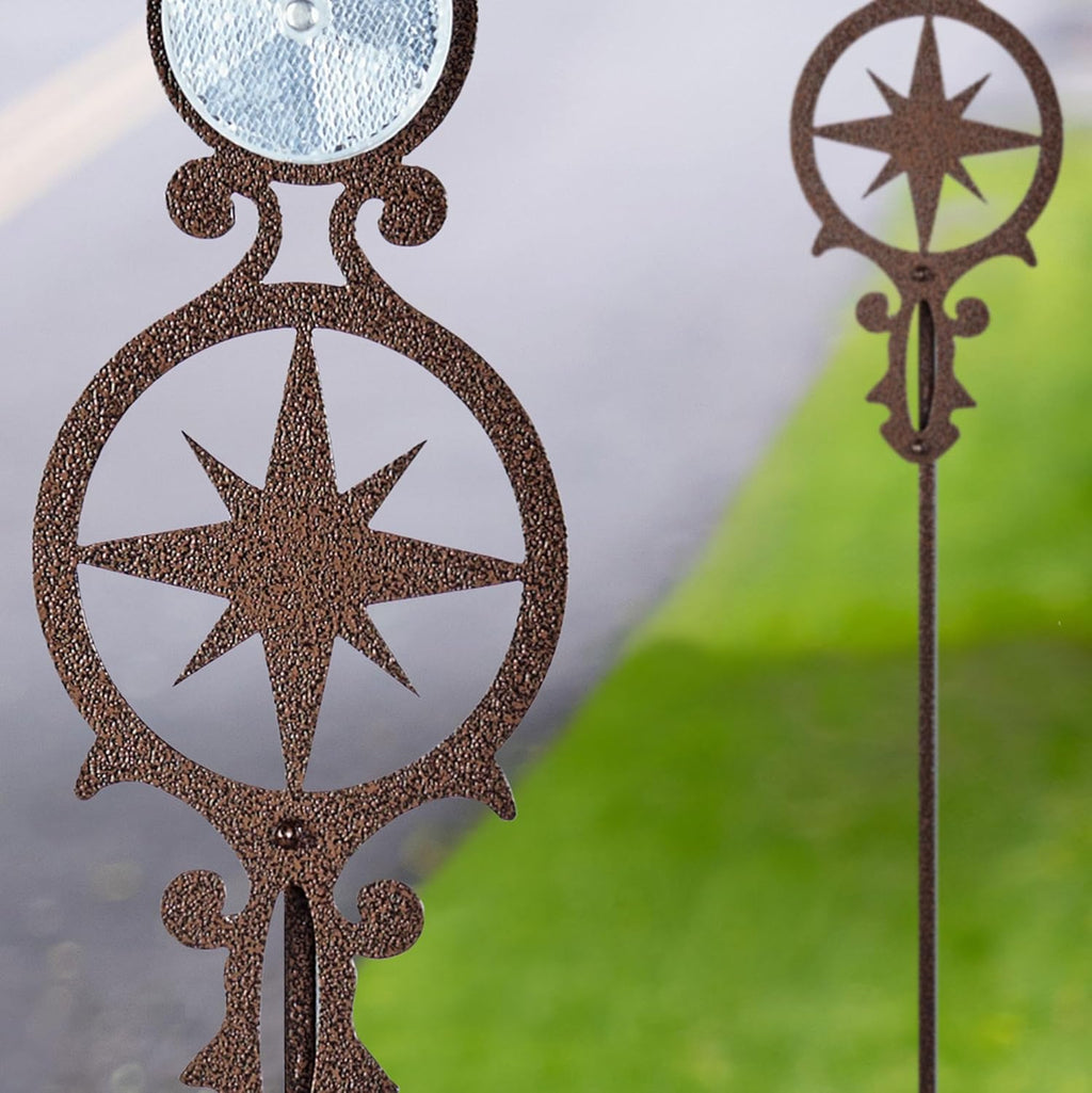Touch of Class Pathways Reflective Driveway Marker Stake Set of Two for Outdoor Use | Compass Star Emblem Design | Personalized Tall Reflector Set of 2 | Weathered Bronze Durable Finish