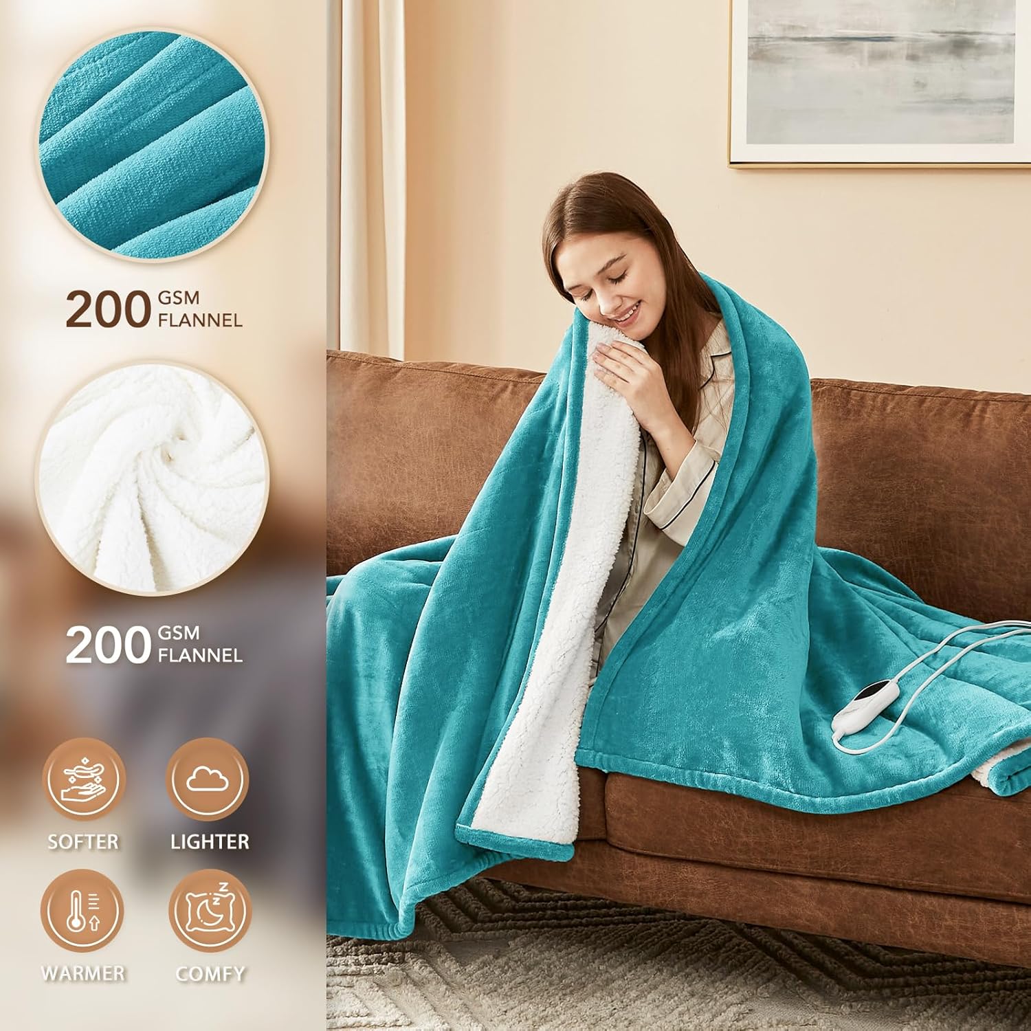 Homemate Heated Blanket Electric Throw - 50"x60" Heating Blanket Throw 1/2/4/6/8 Hours Auto-Off 10 Heat Level Over-Heat Protection Flannel Sherpa ETL Certification