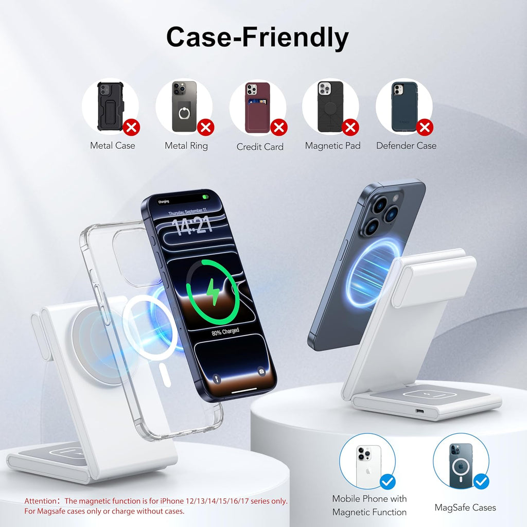 Wireless Charging Station with 20W USB C Adapter, 3 in 1 Magnetic Foldable Travel Charger Stand for iPhone 17 16 15 14 13 Series, Compatible with Apple Watch 11/10/9/8/7/6/5/4/3/2/SE/Ultra 2/Airpods 4