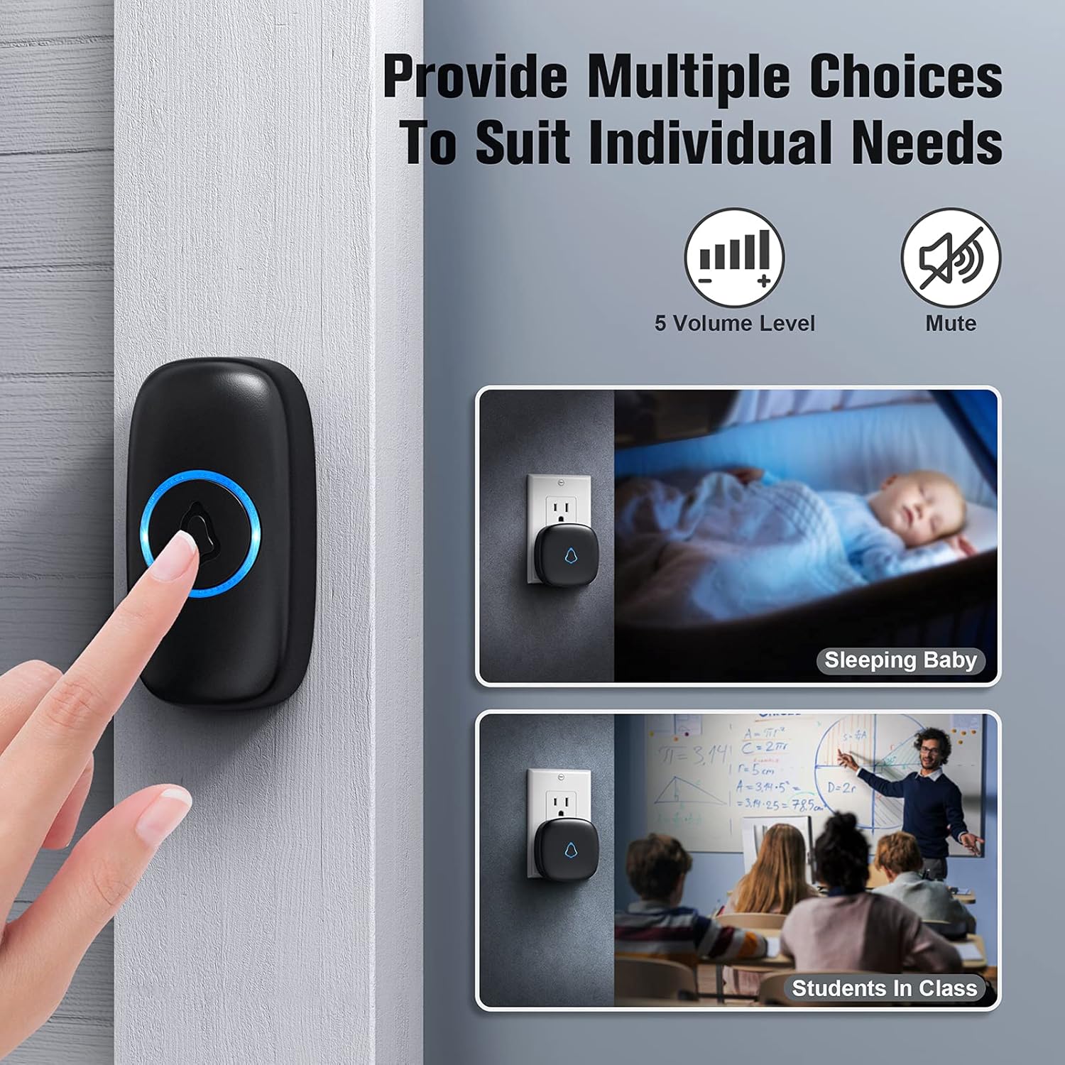 SECRUI Doorbell, Wireless Doorbell with 2 Receivers Easy installation, Adjustable Volume, 58 Chimes, Colorful LED, 1000Ft Range, M520+F55, Black