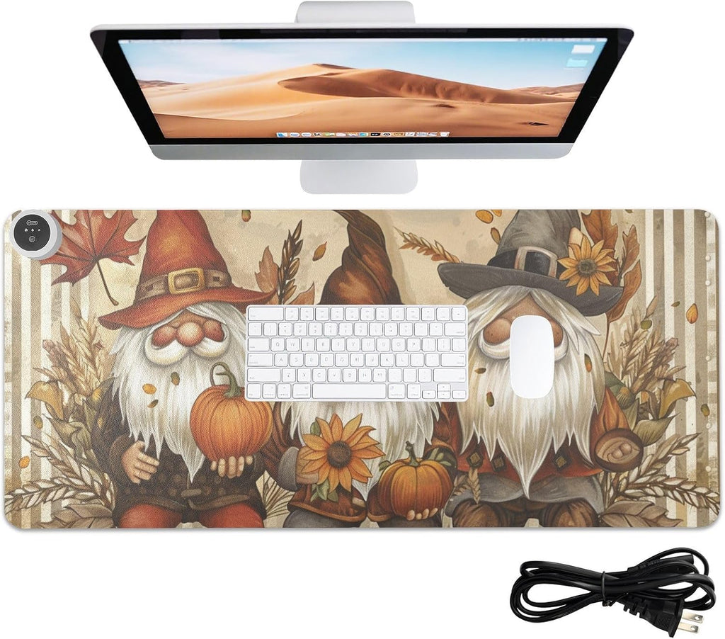 Heated Desk Pad Mouse Pad 31.5x13 Inch PU Leather Desk Mat with 3 Heat Levels Large Mouse Gaming Computer Laptop Mat Gnomes Maple Leaf
