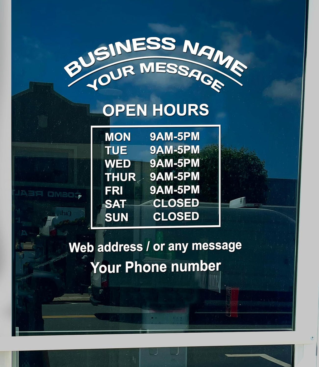 Business Hours Sign for Window – Two Title Lines (Two Arc-Portrait) If you select the Size 19"x25", you'll get 2 devided signs (Title area-19"x9", Open hour area-19"x16") for easier installation.