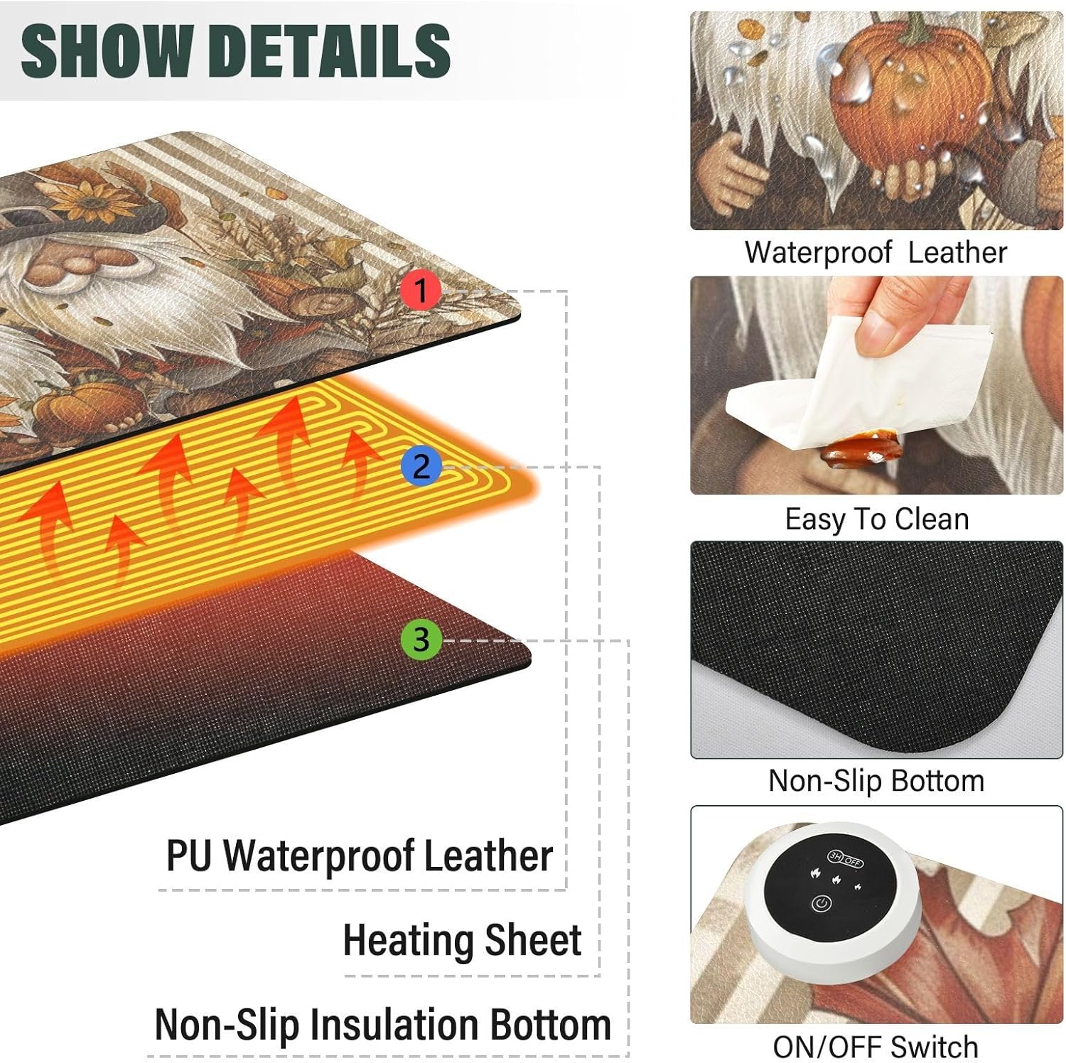 Heated Desk Pad Mouse Pad 31.5x13 Inch PU Leather Desk Mat with 3 Heat Levels Large Mouse Gaming Computer Laptop Mat Gnomes Maple Leaf