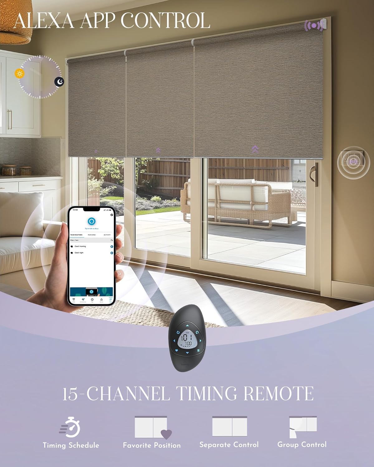 Graywind Smart Coupled Roller Shades Compatible with Alexa Google Custom Size Extra Large Motorized Blinds for Windows(Frequency Sand)