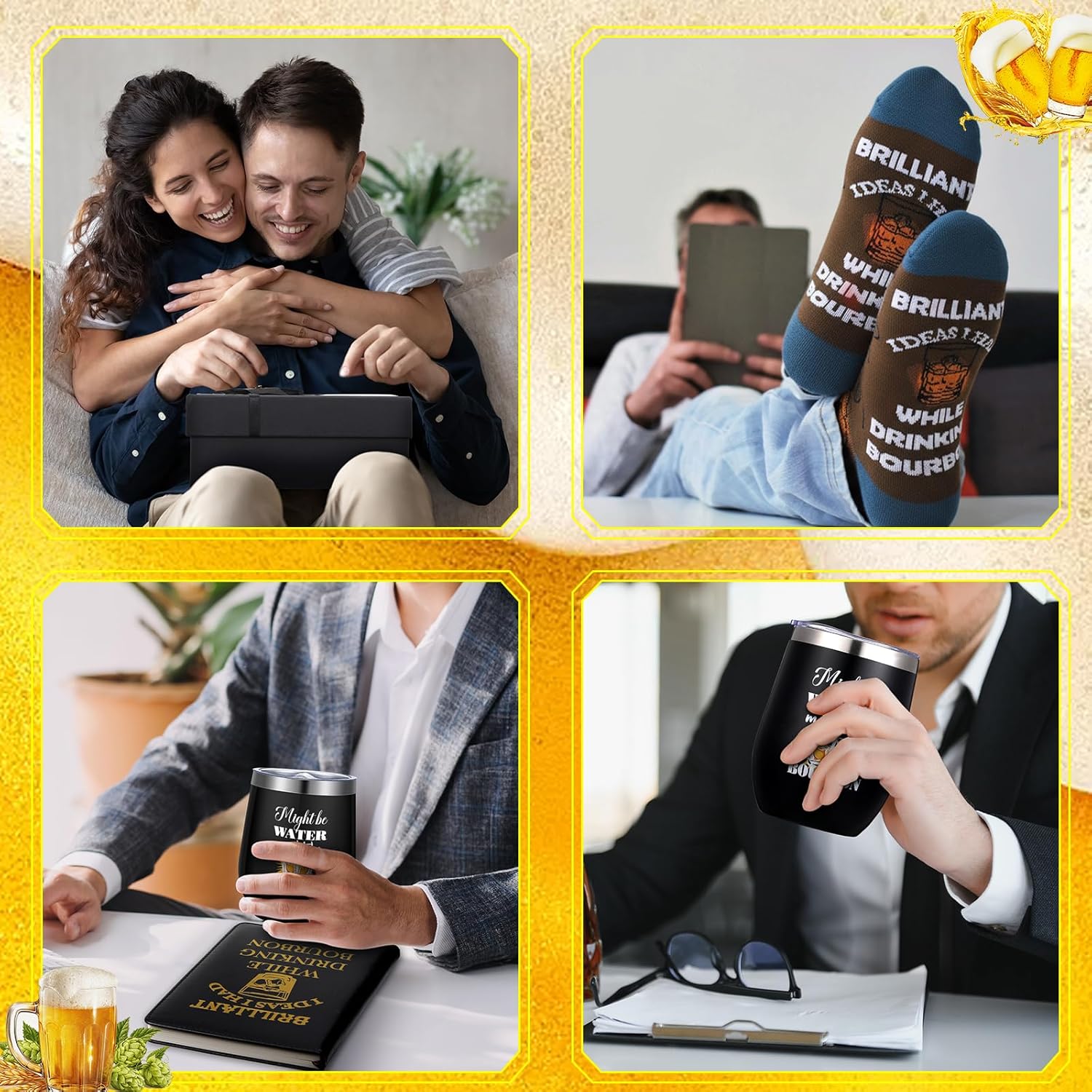 6 Pcs Novelty Bourbon Gift for Men Women Funny Whiskey Lovers Gifts 12 oz Stainless Steel Cup Socks Keychain Pen Notebook Box for Christmas Drink Party Bar Bourbon Whiskey Lovers Gift