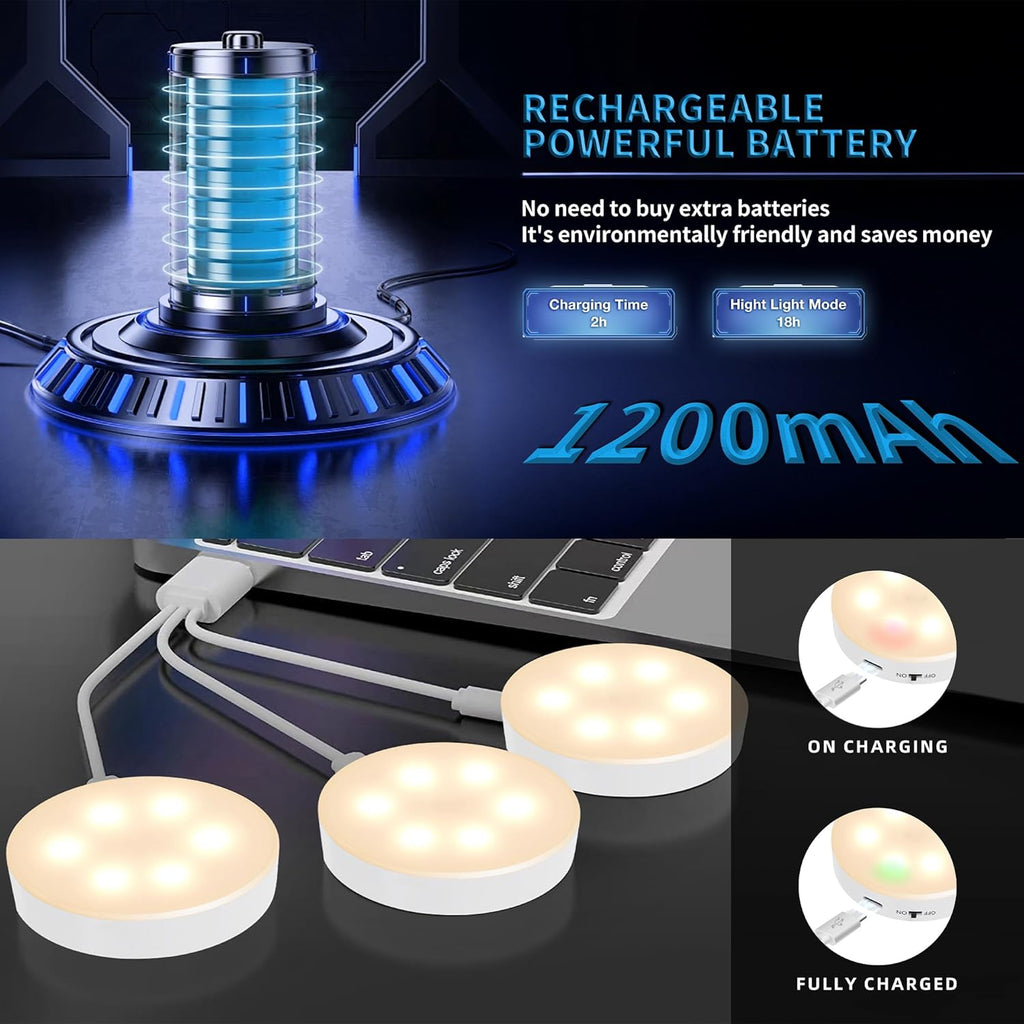 Puck Lights with Remote Control, Under Cabinet Lighting with Magnetic and Cordless, 1200mAh Rechargeable Closet Lights Stick On Lights for Under Cabinet,Hallway, Stairway,Closet （Warm White,9pcs)