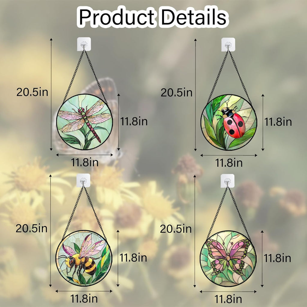 Stained Glass Window Hanging 4 Pcs Set Pink Green Insect Theme Large 11.8" - Butterfly Suncatcher Door Garden Sun Catcher Decor Birthday Christmas for Mom Woman Nana Men