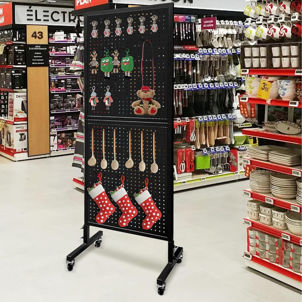 Royxen Standing Pegboard Display 2 x 5 Feet, Metal Pegboard with 30 Hooks, Peg Board Display Stand with Wheels for Vendors, Home and Retail Store (Black)