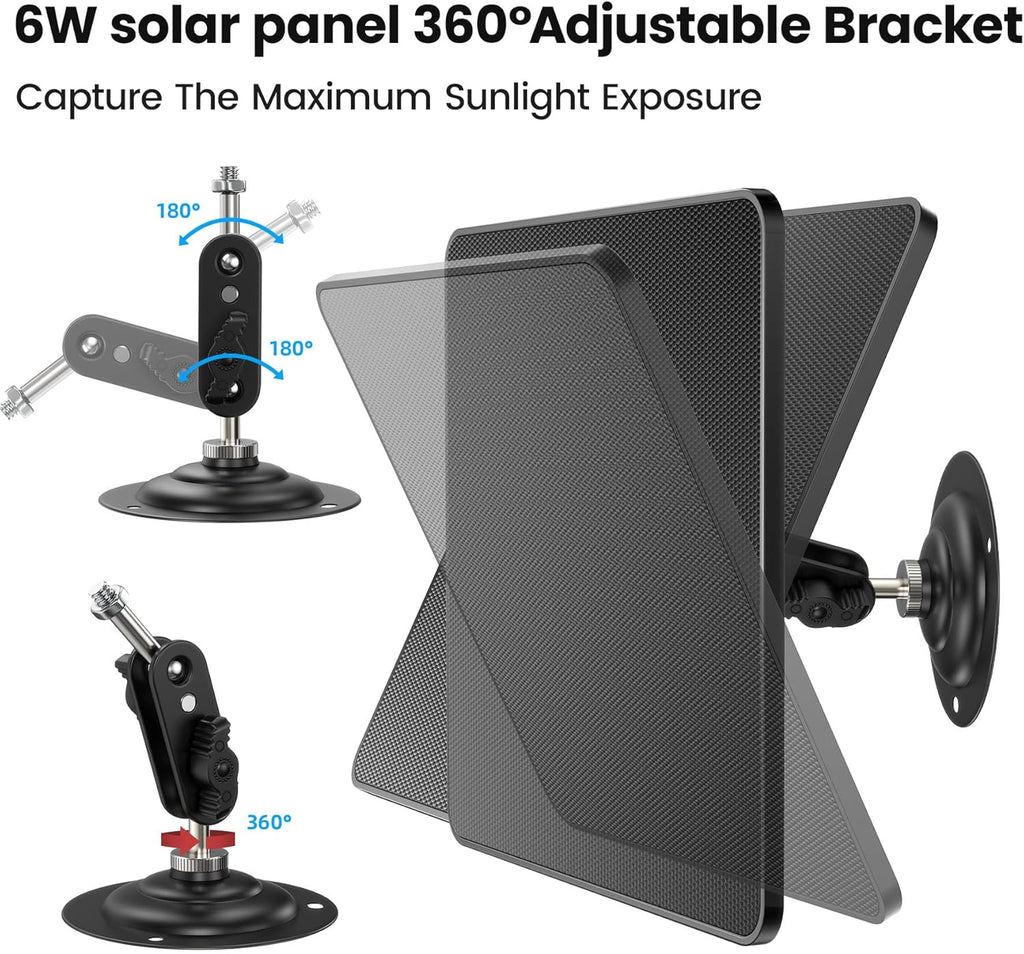 KJK 6W Solar Panel for Security Cameras – Solar Battery Charger with Micro USB & USB-C | IP66 Waterproof | 360° Adjustable Mount