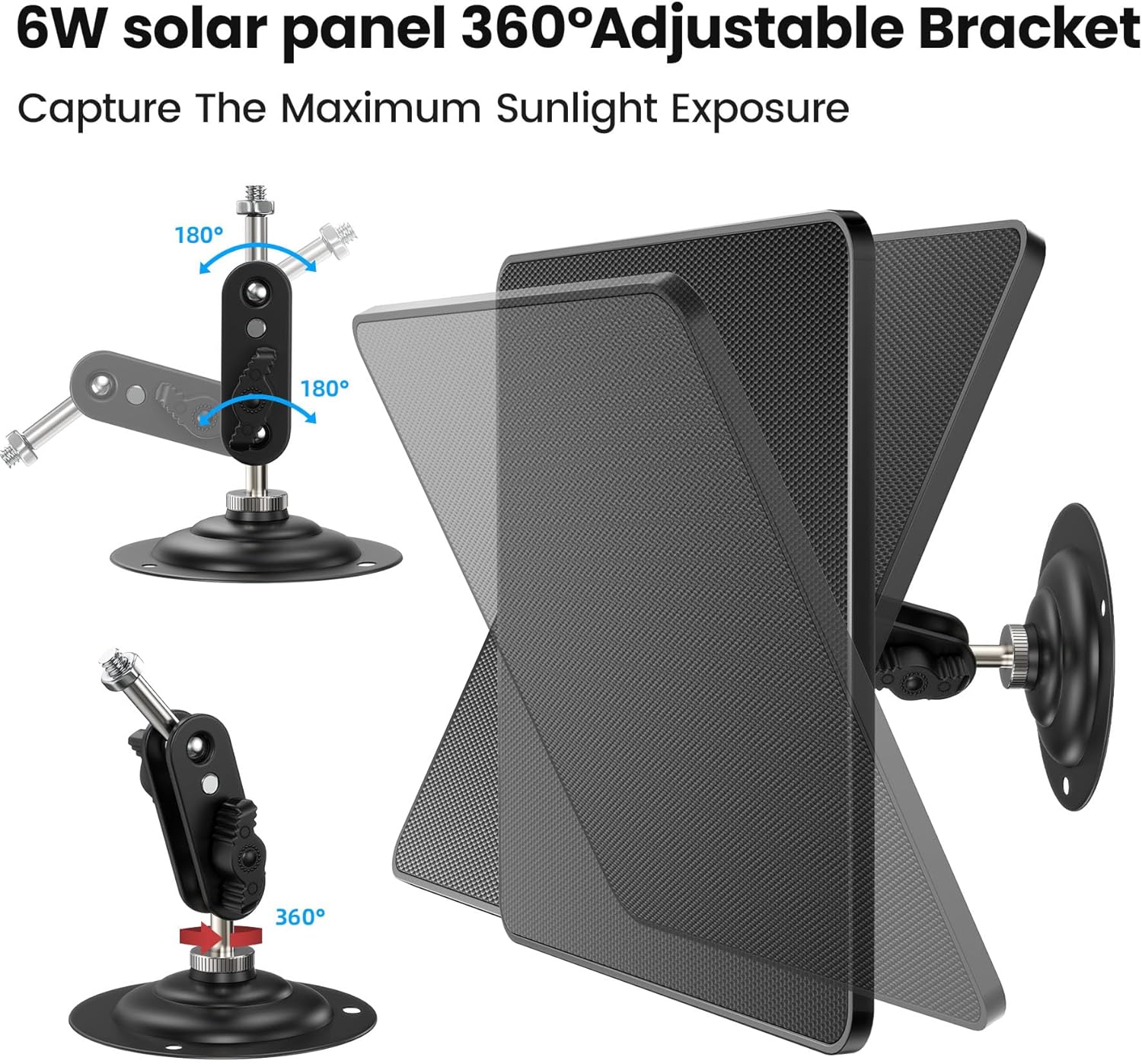 KJK 6W Solar Panel for Security Cameras – Solar Battery Charger with Micro USB & USB-C | IP66 Waterproof | 360° Adjustable Mount