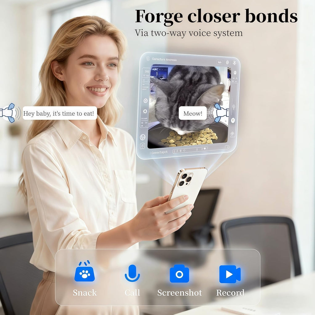 Automatic Cat Feeder with Camera, 1080P HD Video with Night Vision, Scheduled Automatic Pet Feeder, Separated Design Wide Grain Path with 2-Way Audio ＆ Feeding Call Function for Cat & Small Dog