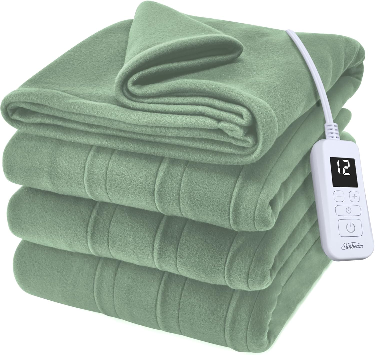 Sunbeam Royal Ultra Fleece Heated Electric Blanket Full Size, 84" x 72", 12 Heat Settings, 12-Hour Selectable Auto Shut-Off, Fast Heating, Machine Washable, Warm and Cozy, Matcha