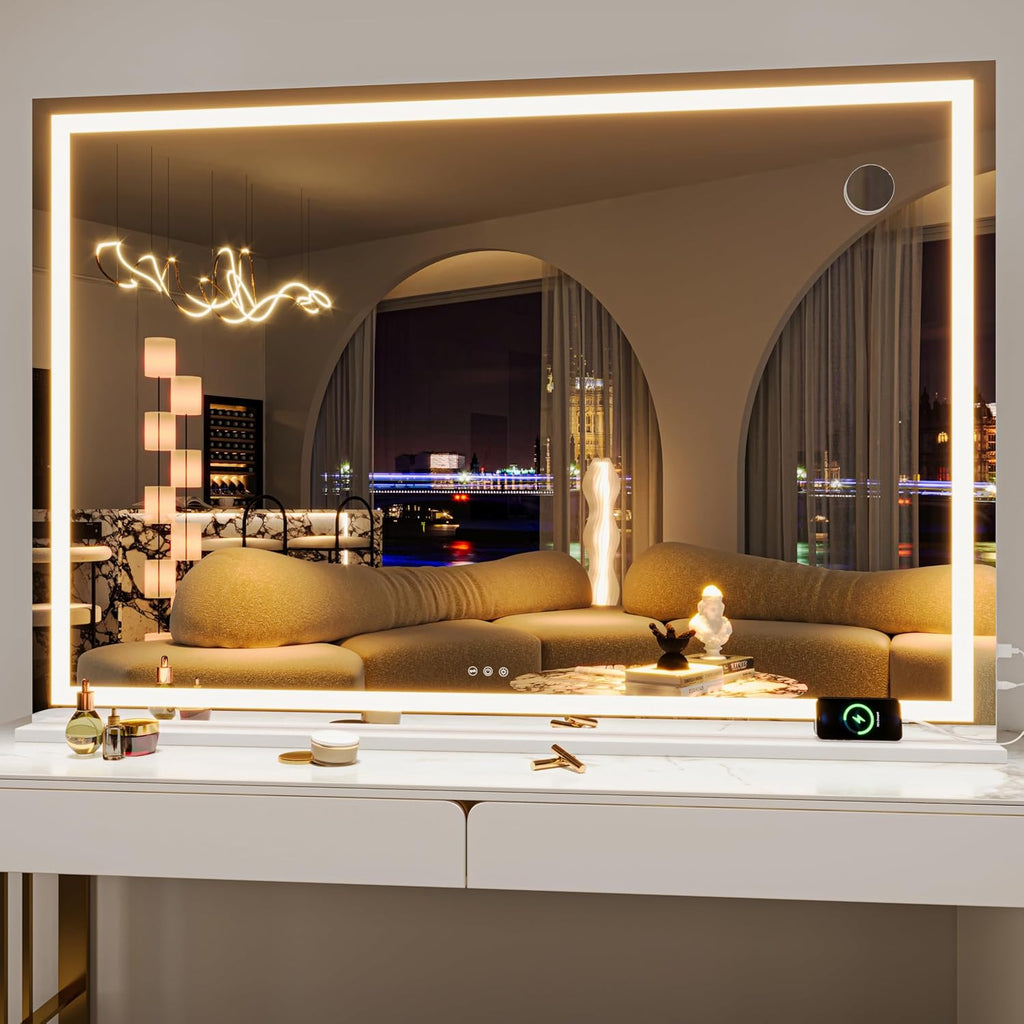 Hasipu Vanity Mirror with Lights, 55" x 36" LED Makeup Mirror, Lighted Makeup Mirror with Dimmable 3 Modes, Touch Screen Control Vanity Mirror Square White