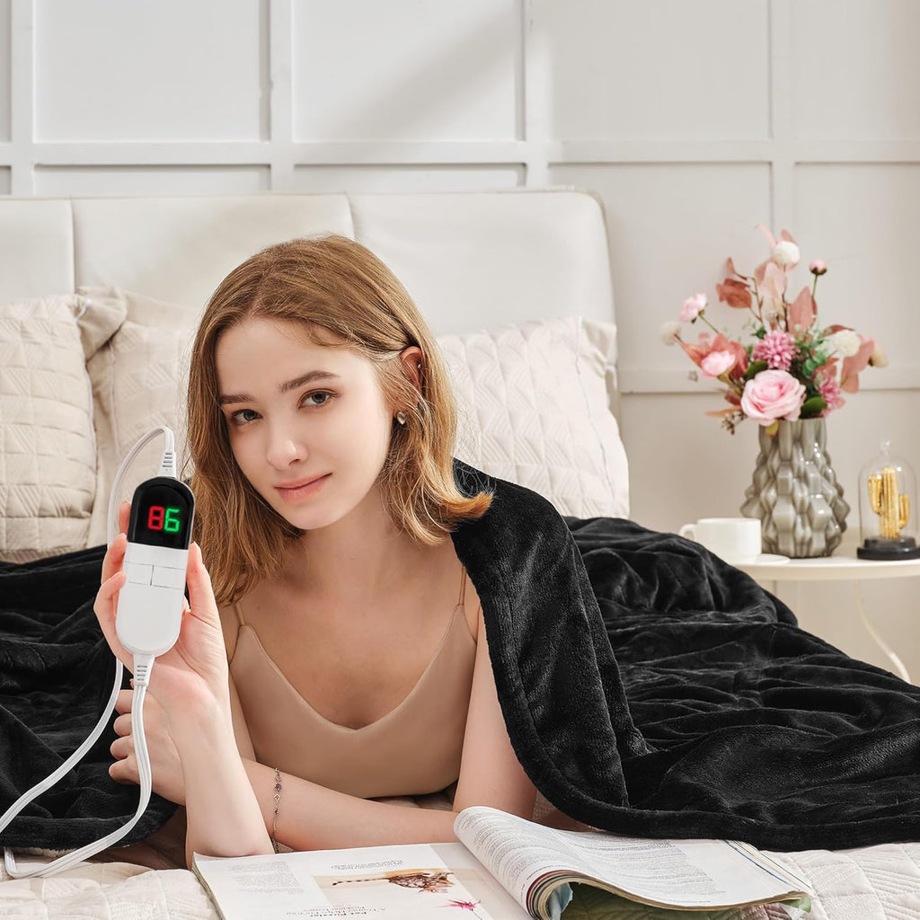 Heated Blanket Twin 62"×84" - Premium Cosy Soft Electric Blanket with 6 Heating Levels,Fast Heating Flannel Sherpa Machine Washable Blanket for Bed & Couch - Auto Shut Off (Black)