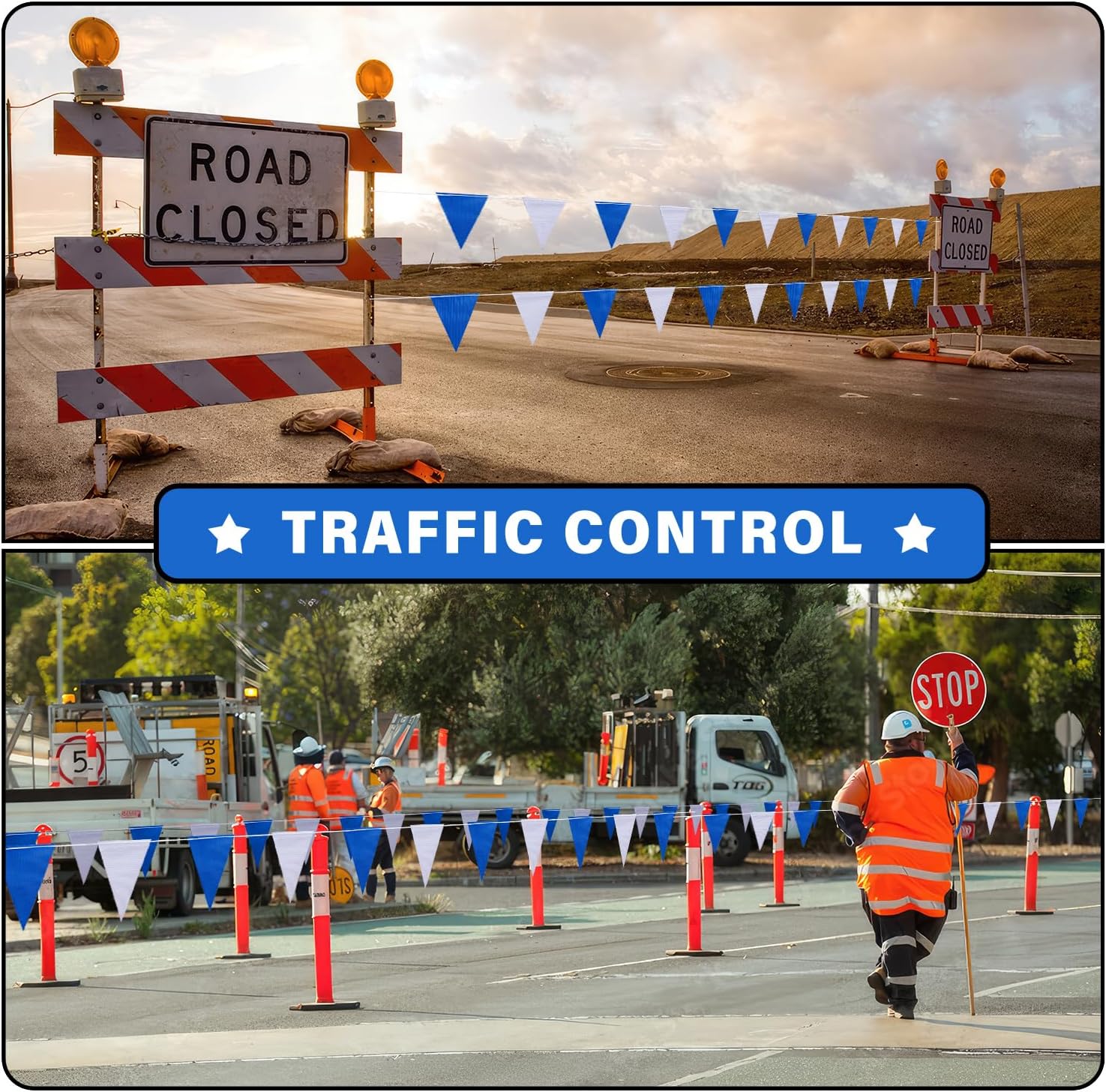 105ft Blue and White Pennant Banner Flag, 7"x10" Fluorescent Safety Flagging Banner Warning Flag for Construction Site/Boundary Barrier Signs, Perimeter Marking Flags on String, 45 Flags