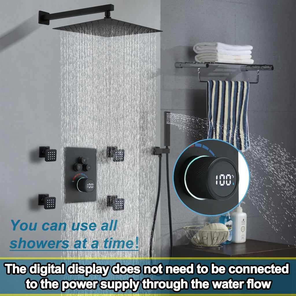 Solid Brass Shower Mixer Valve, Concealed 3 Way Outlet LED Digital Display Diverter Valve, Can Use All Options at A Time Black