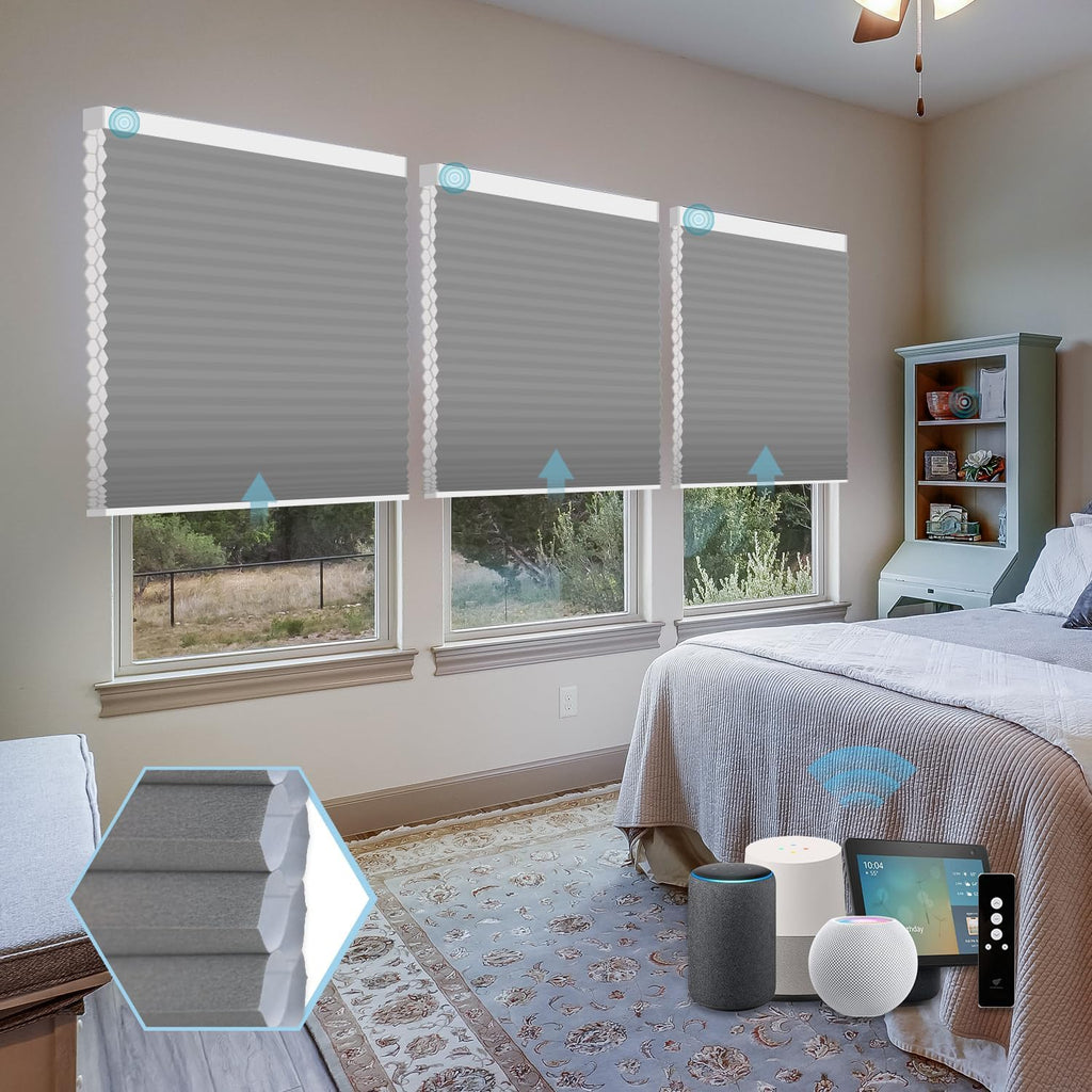 SmartWings Motorized Cellular Shades with Remote, Customized Electric Cordles Honeycomb Blinds Compatible with Alexa/Homekit/Google for Windows, 100% Blackout Double Cell Cement Grey