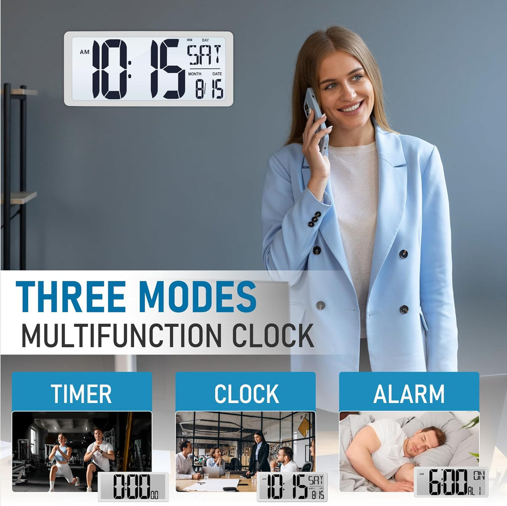 TXL 18.44" Large Digital Wall Clock with Backlight, Battery Operated Alarm Clock with Day, Date & Temperature, Jumbo Display Digital Count Up Down Timer Clock for Hoom,Classroom Room,Office