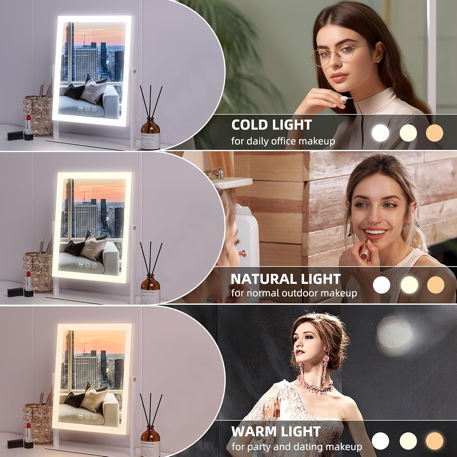VANITII Vanity Mirror with Lights LED Lighted Makeup Mirror with Magnification 9”x12” Hollywood Mirror 3 Color Lighting 360 Rotation Smart Touch Control for Desktop Dormitory Bedroom