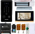 Smart Home 7-Inch Video Intercom Doorbell System with HD Display & Touch Keypad, Fingerprint/Key Card/Password/Remote Unlock, 1200lbs Magnetic Lock (NC) & Exit Button for Homes & Villas